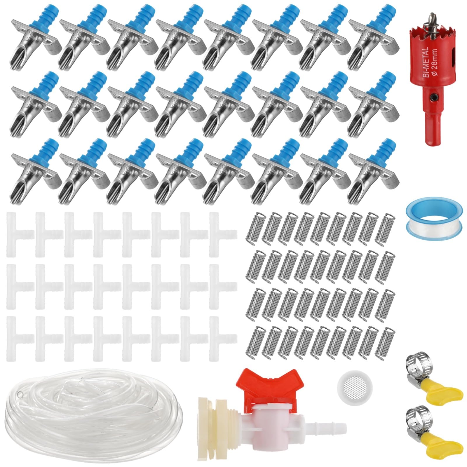 24 STK. Kaninchen-Tränker-Set, automatisches Kaninchen-Tränkesystem mit 5/16 Zoll Schlauch, T-Verbindern, Federn, Bohrer und Dichtung, für Kaninchen, Chinchillas