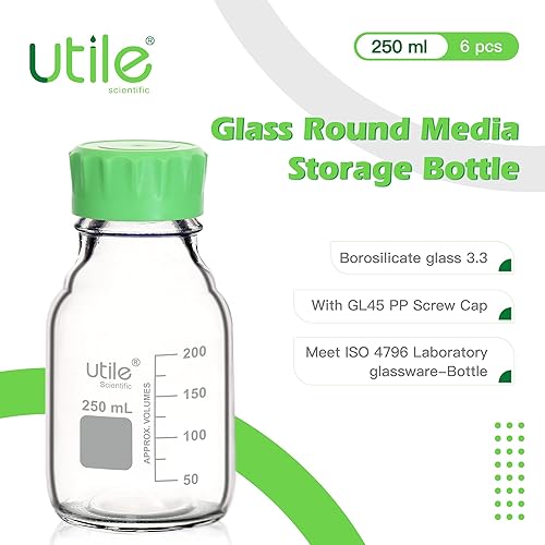 Miniatura 8 de Utile Botella multimedia, 3.3 botellas de vidrio de borosilicato con tapones de rosca GL45, 6 botellas de medios de laboratorio de 8.45 onzas,