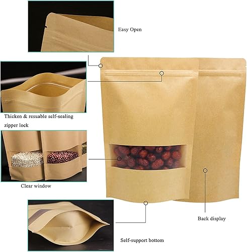 Miniatura 6 de 100 bolsas de papel kraft con ventana, bolsas de pie con cierre hermético para empacar alimentos, galletas, aperitivos