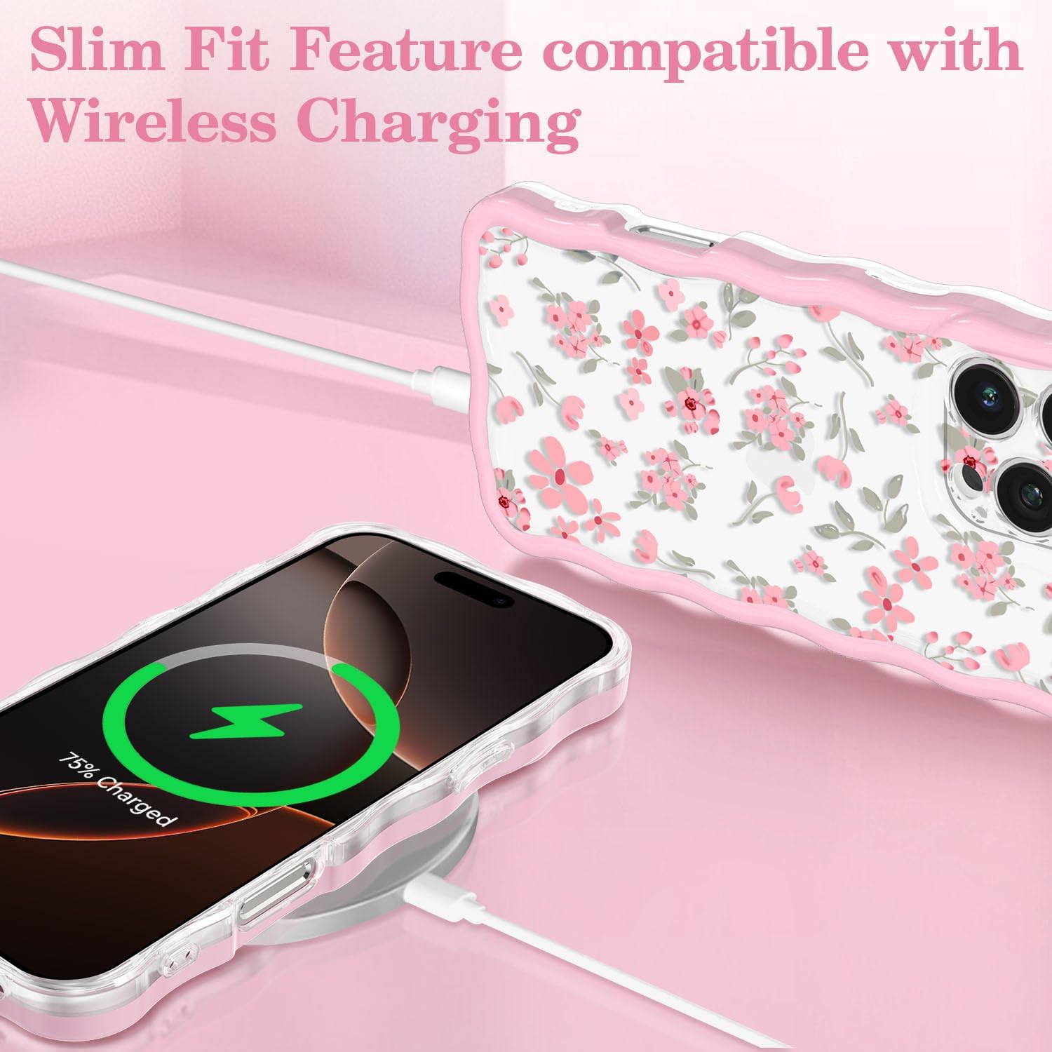 QLTYPRI Clear Case for iPhone 15 Pro, Cute Pink Floral Phone Case-Flower image 5