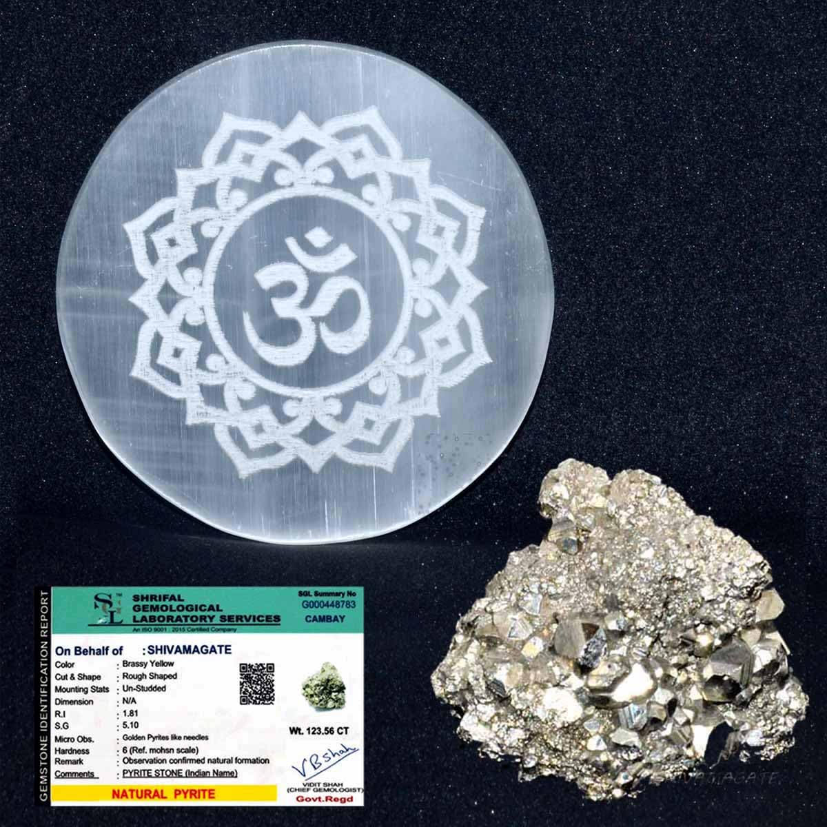 SHIVAM AGATE Natural Selenite Charging Plate with Om Mandala & Certified Pyrite Stone Set | Reiki Healing Tools for Energy Cleansing, Wealth Creation & Business Luck | Vastu & Crystal Charging Plate-image-5