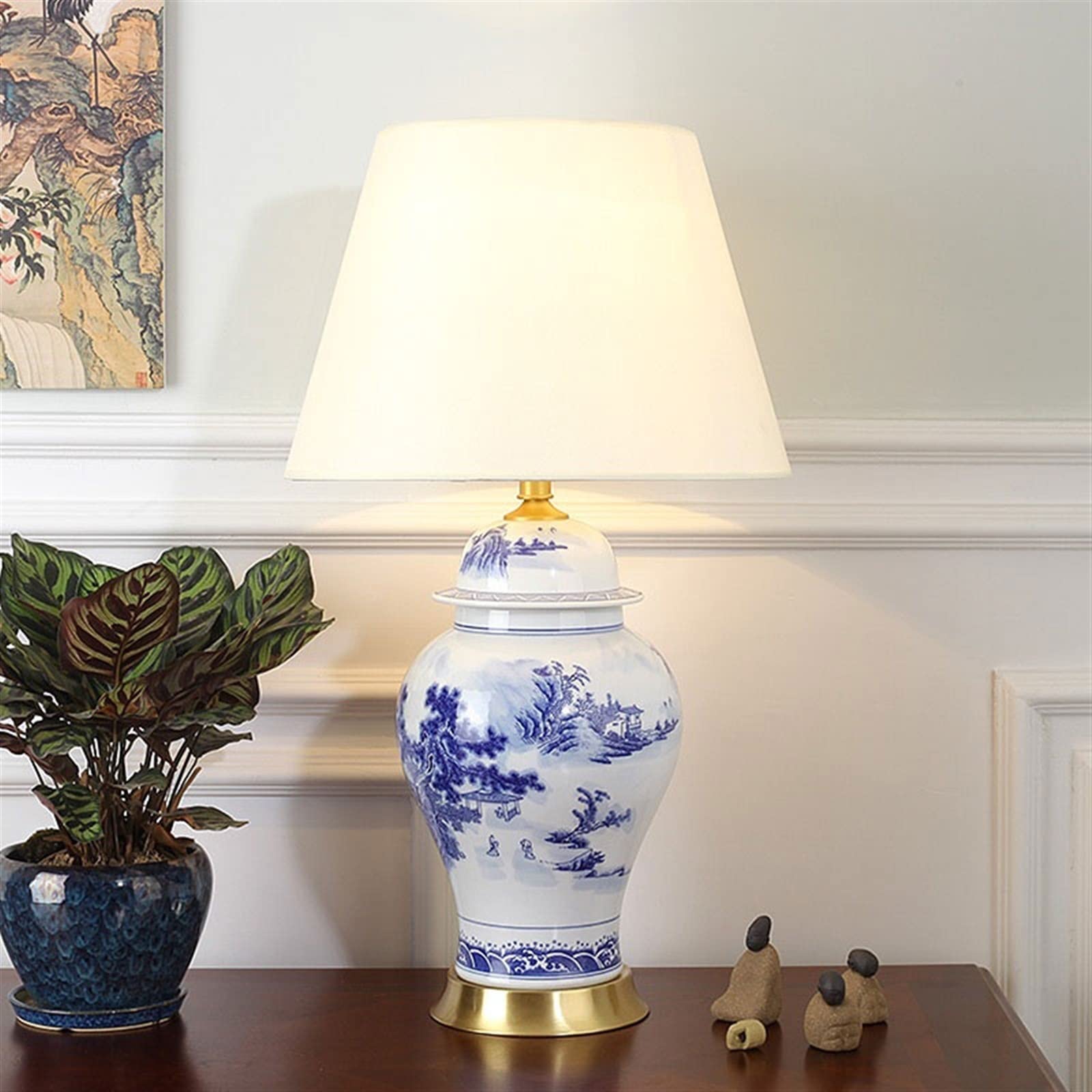 Luce da Scrivania Luce per la Lettura Lampada da tavolo moderna in ceramica cinese Lampada da comodino camera da letto Ampio soggiorno Paesaggio dipinto Lampada da scrivania in porcellana bianca e blu