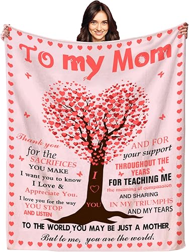 Manta para mamá de hija, hijo, mamá, regalos con texto en inglés "I Love You Mom", regalos de cumpleaños para madres, manta suave y acogedora para