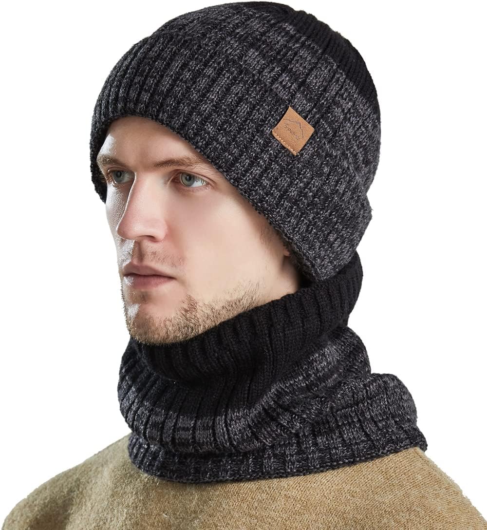 Winter Beanie Hat Scarf: Warm Fleece Lined Knit Skull Cap Neck Warmer Set - Ribbed Cuffed Beanies for Men & Women
