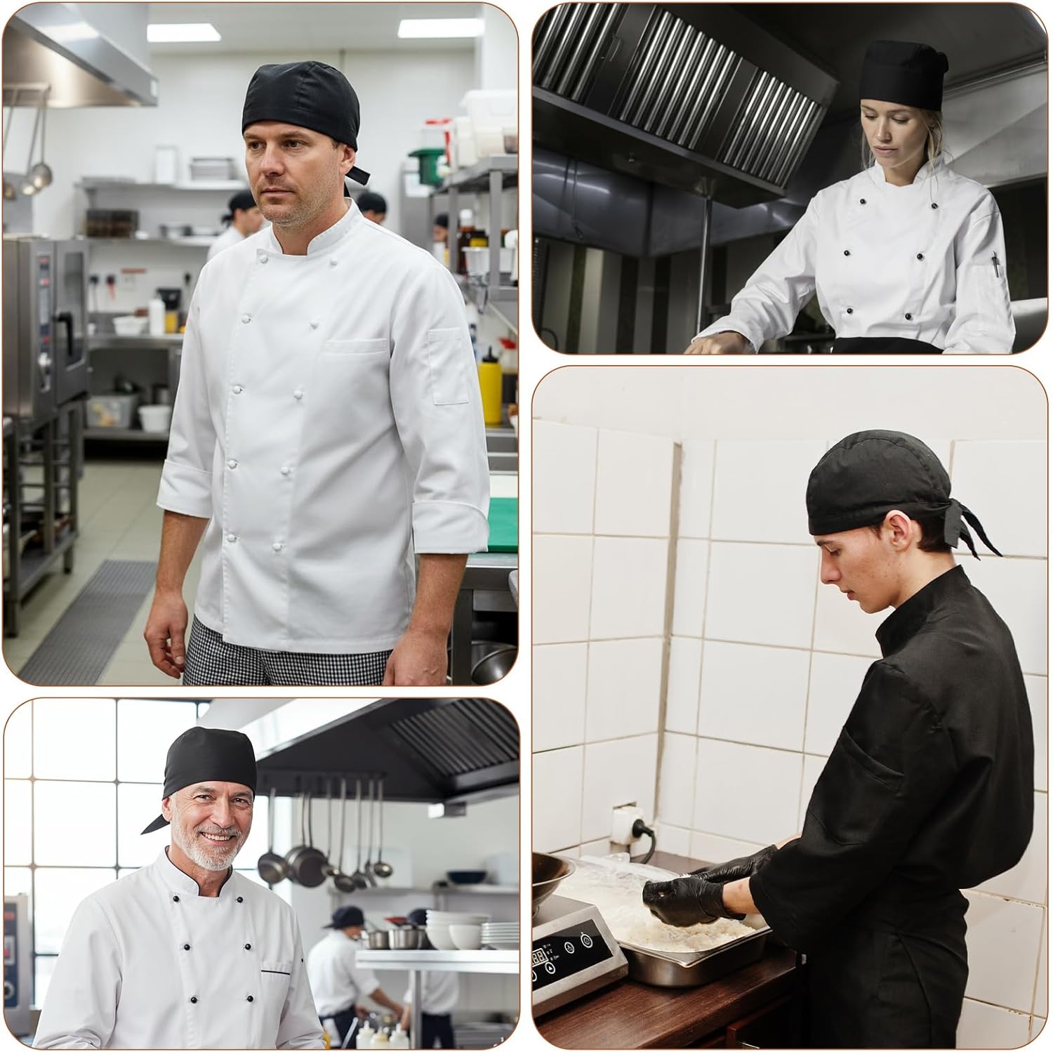 TIESOME 4 Pcs Kitchen Hat, Adjustable Chef Hat Bandana, Elastic Back Skull Caps with Ties, One Size Fits All Adults, Chef Hats for Men & Women, Kitchen Cooking Service - Image 5