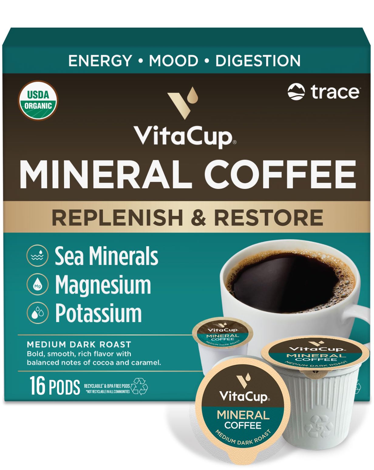 VitaCup Mineral Coffee Pods with Trace Minerals, Hydrate, Replenish & Restore, w/Sea Minerals, Electrolytes, Organic Coffee, Medium Dark Roast, Single Serve Pod Compatible w/Keurig K-Cup Brewers,16 Ct