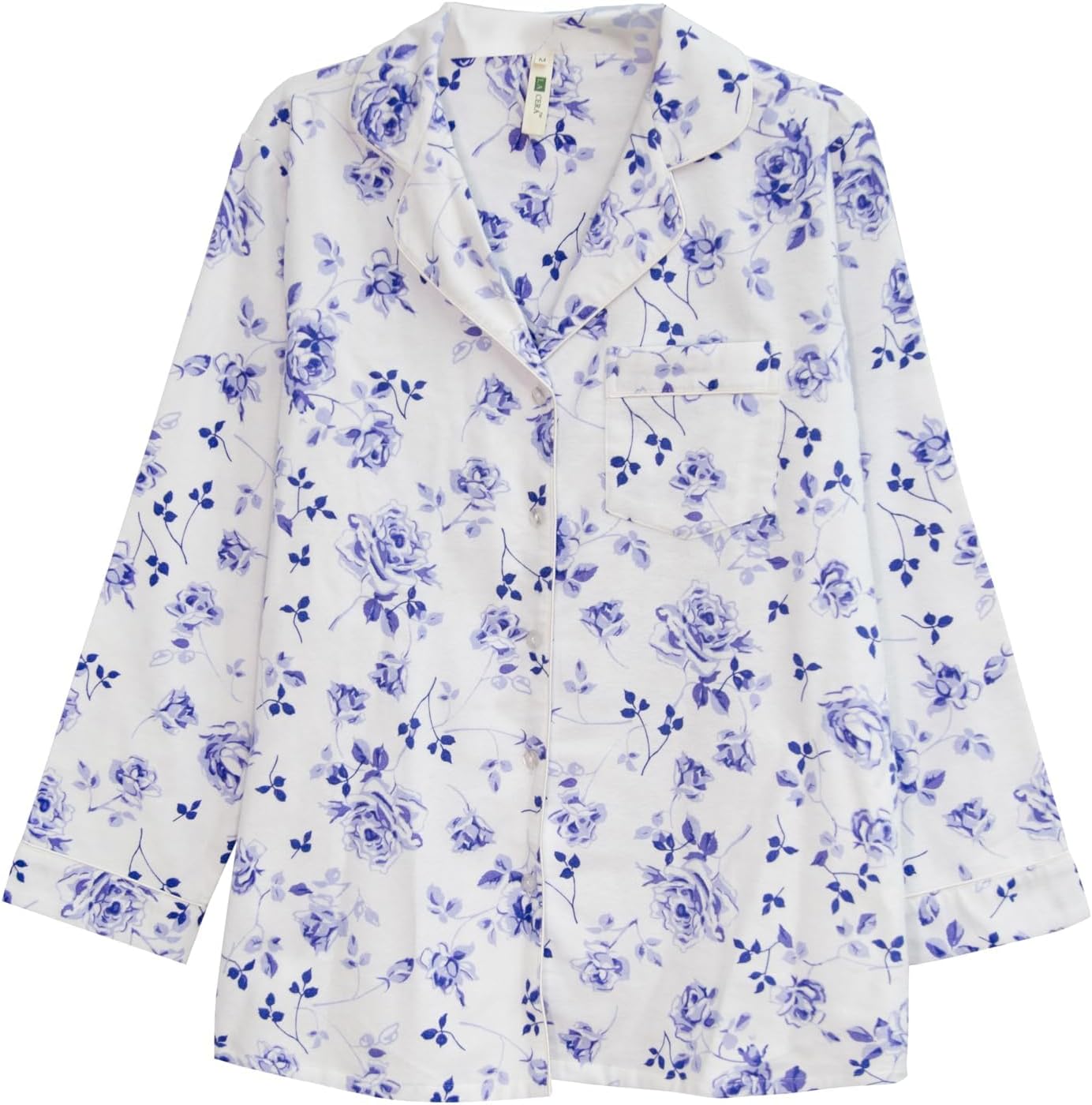 LA CERA Women's Cotton Lace Trimmed Cotton Flannel Pajama Set, 100% Cotton, Full Button Front Top, Long Sleeves, White/Blue, Large - Image 5