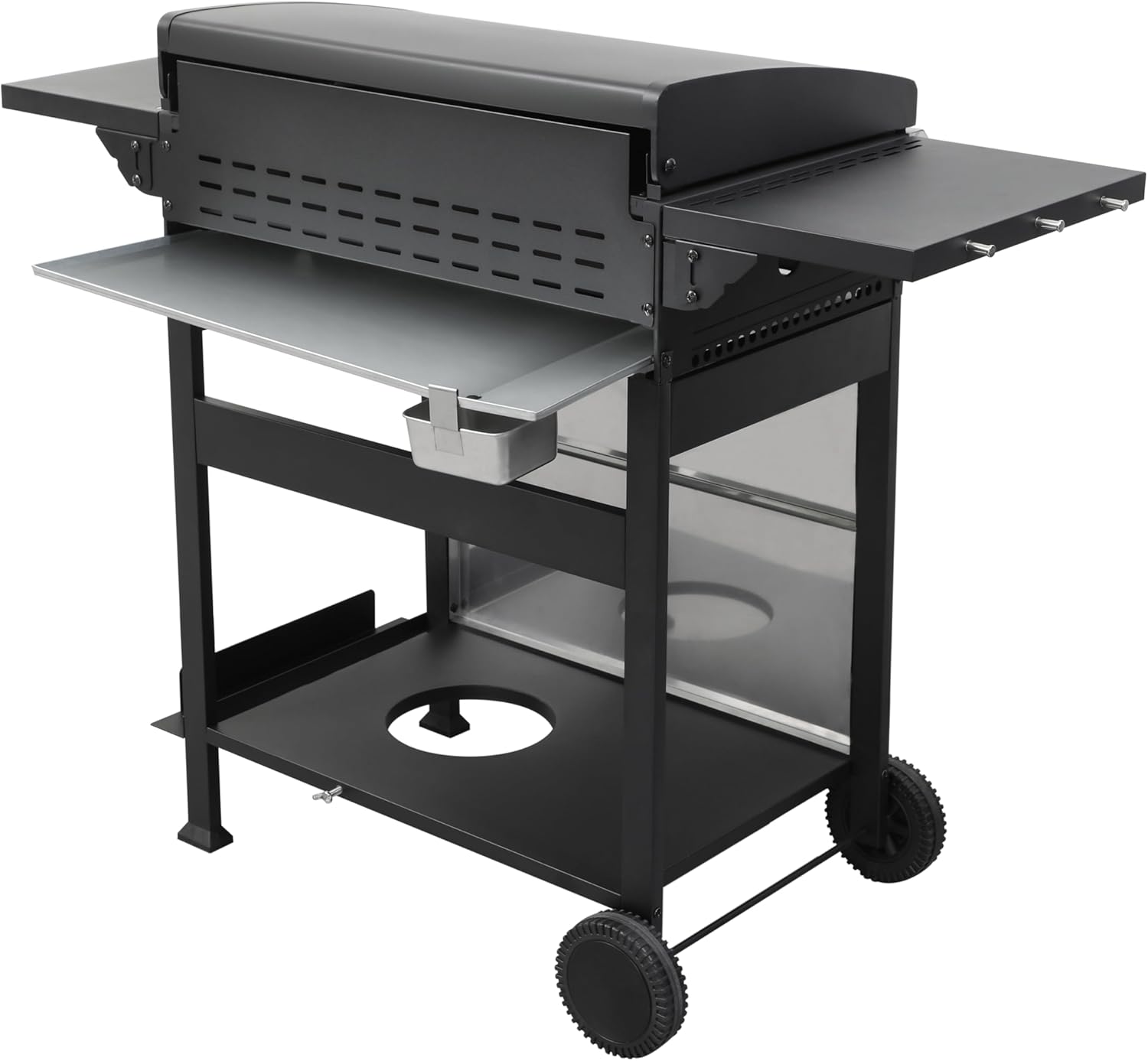 4-Burner Propane Gas BBQ Grill, SS Plancha, 49200BTU Output，With Wire Enamel Cooking Grids，For Outdoor Barbecue, Foldable Side Table, Hanging Basket, Stainless Steel