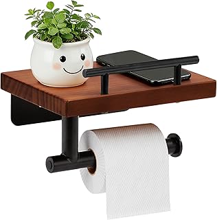 Toilet Paper Holder with Wood Shelf, Wall Mount Toilet Paper Roll Holder with Wooden Shelf and Matte Black Stainless Steel Pipe, Tissue Roll Holder for Bathroom Washroom (Dark Brown, 7.9'' x 5.9'')