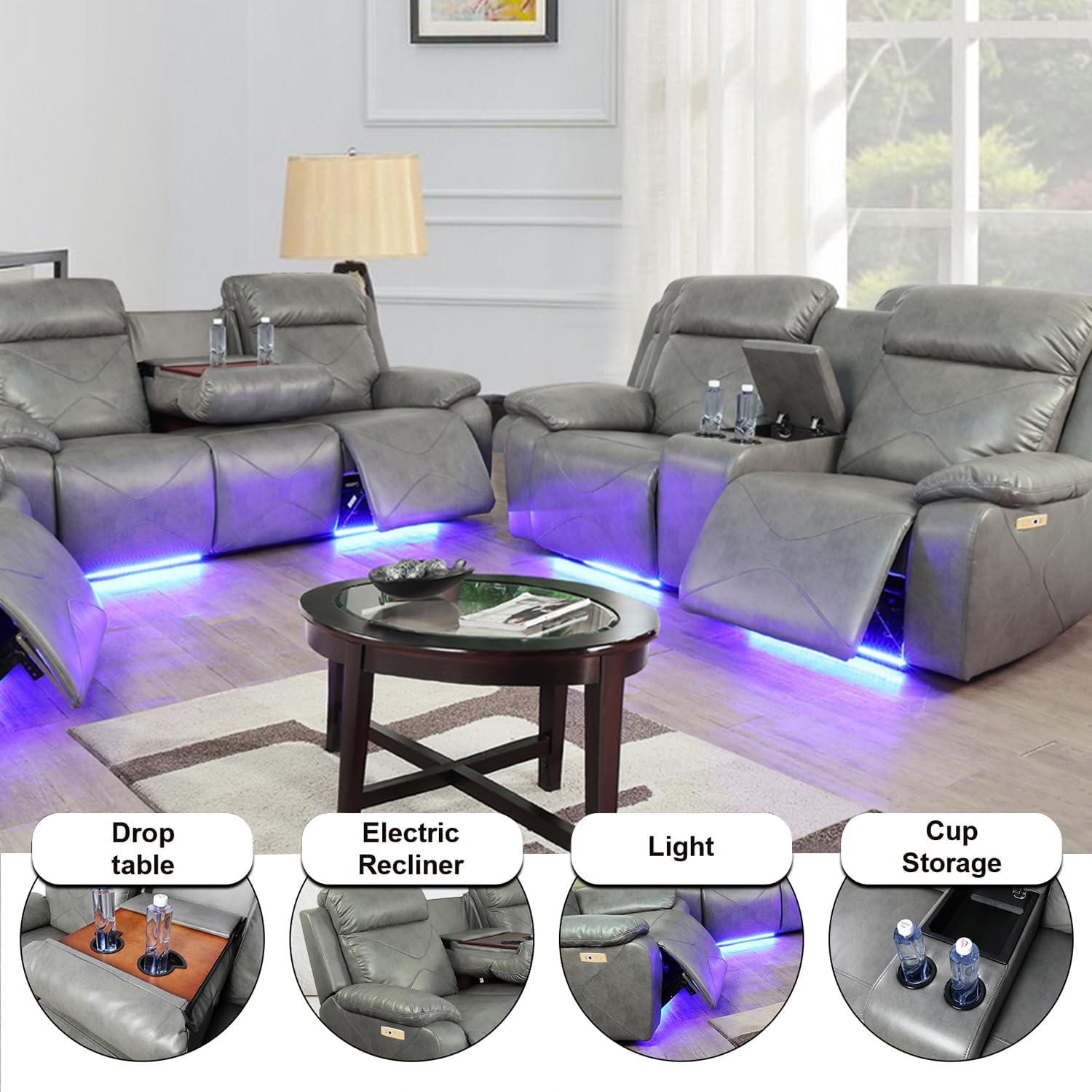 A Ainehome Power Leather Recliner Sofa Set, 2 Pieces Living Room Furniture Sets with LED Lights, Grey Reclining Couch Sets with USB Port for House/Office/Rv(A-Grey, Sofa+Loveseat)