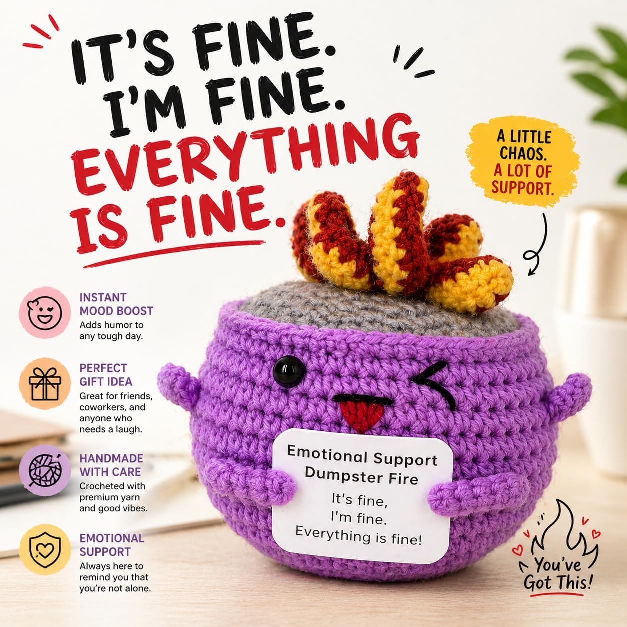 Emotional Support Dumpster Fire, Handmade Crochet Dumpster Fire, Funny Dumpster Knitting Doll with Positive Card (5 PCS)