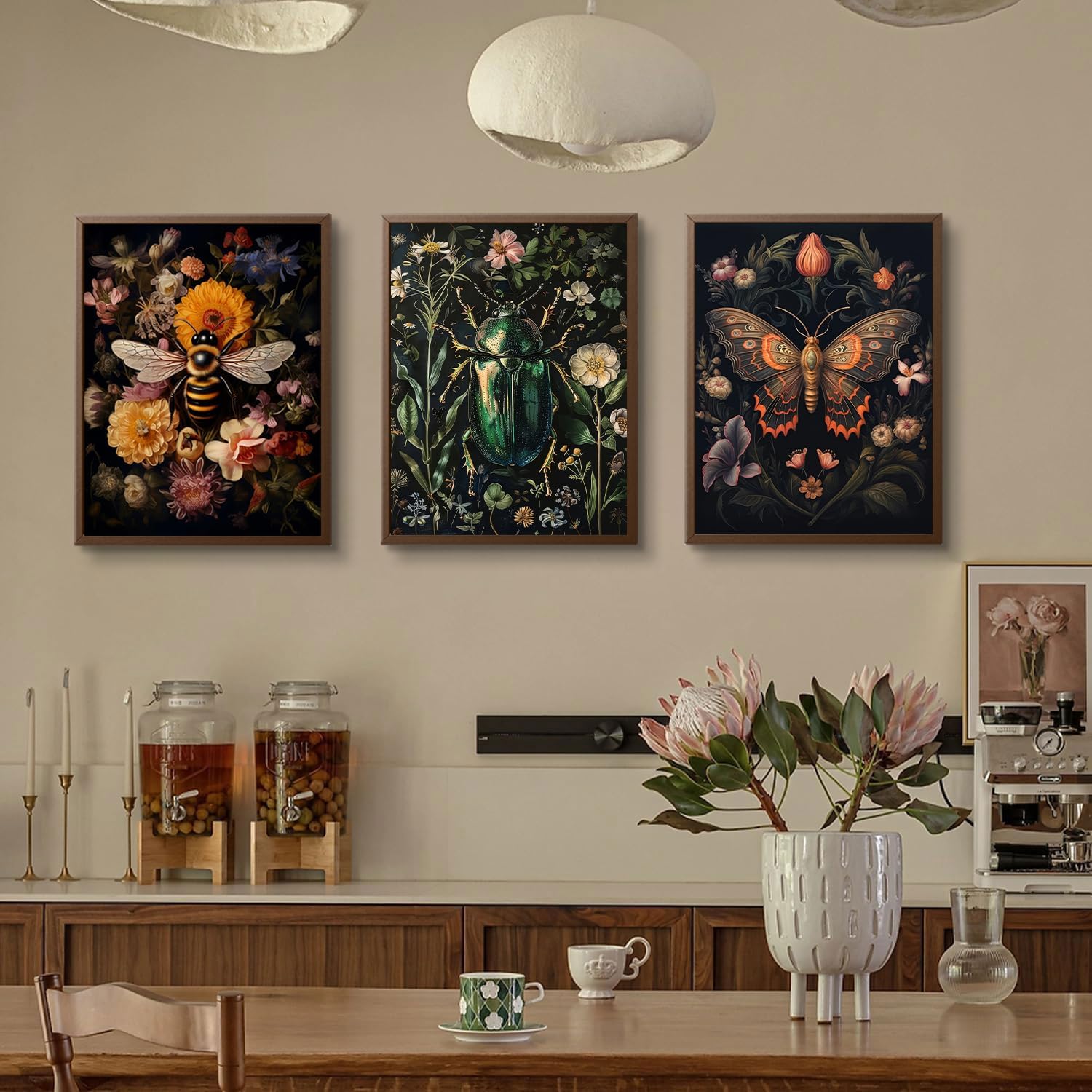 3 Pcs Dark Academia Butterfly and Bee Floral Wall Art Gothic Insect And Botanical Wall Decor Vintage Dark College Posters Canvas Prints Painting Picture for Bedroom Living Room 16x24in Unframed