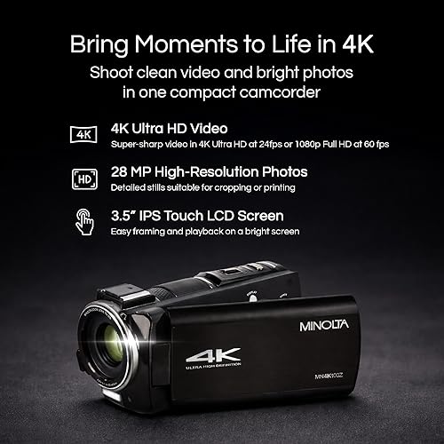 Miniatura 2 de Minolta Videocámara 4K Ultra HD con pantalla táctil de 3.5 pulgadas, zoom óptico de 10x, fotos de 28 MP, estabilizador digital, soporte de zapato