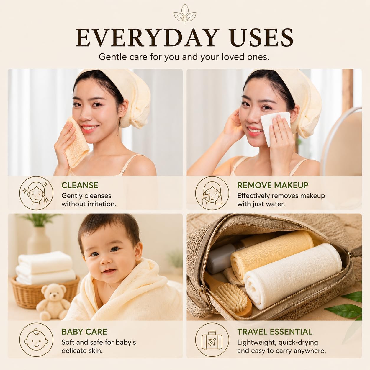 Natural Undyed Mulberry Silk Face Cloth, Triple-Layer, Handcrafted, 4-Pack | For Daily Facial Cleansing, Sensitive Skin, Ultra-Soft Design Washcloth, Handmade in Co Chat Village Vietnam
