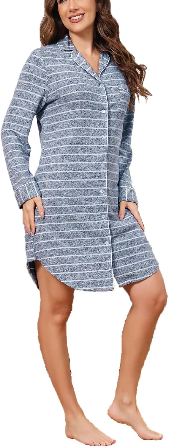 Pabumbubu Nightgowns for Women Long Sleeve Button Down Sleep Shirts Boyfriend Nightshirt Nursing Pajamas Sleepwear