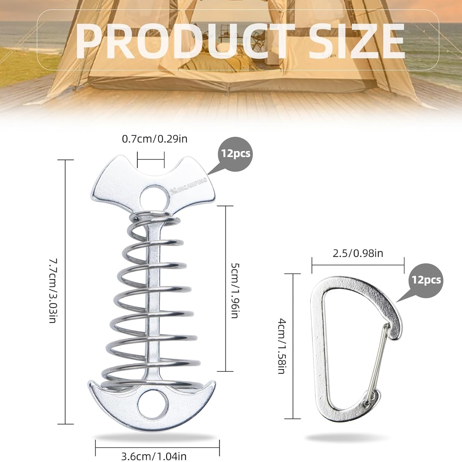 Deck Anchors XINCAMPING 12pcs Aluminum Tent Pegs for Wooden Decks, Windproof Rope Tighteners & Adjusters for Tents, Canopies, Camping Furniture Silver