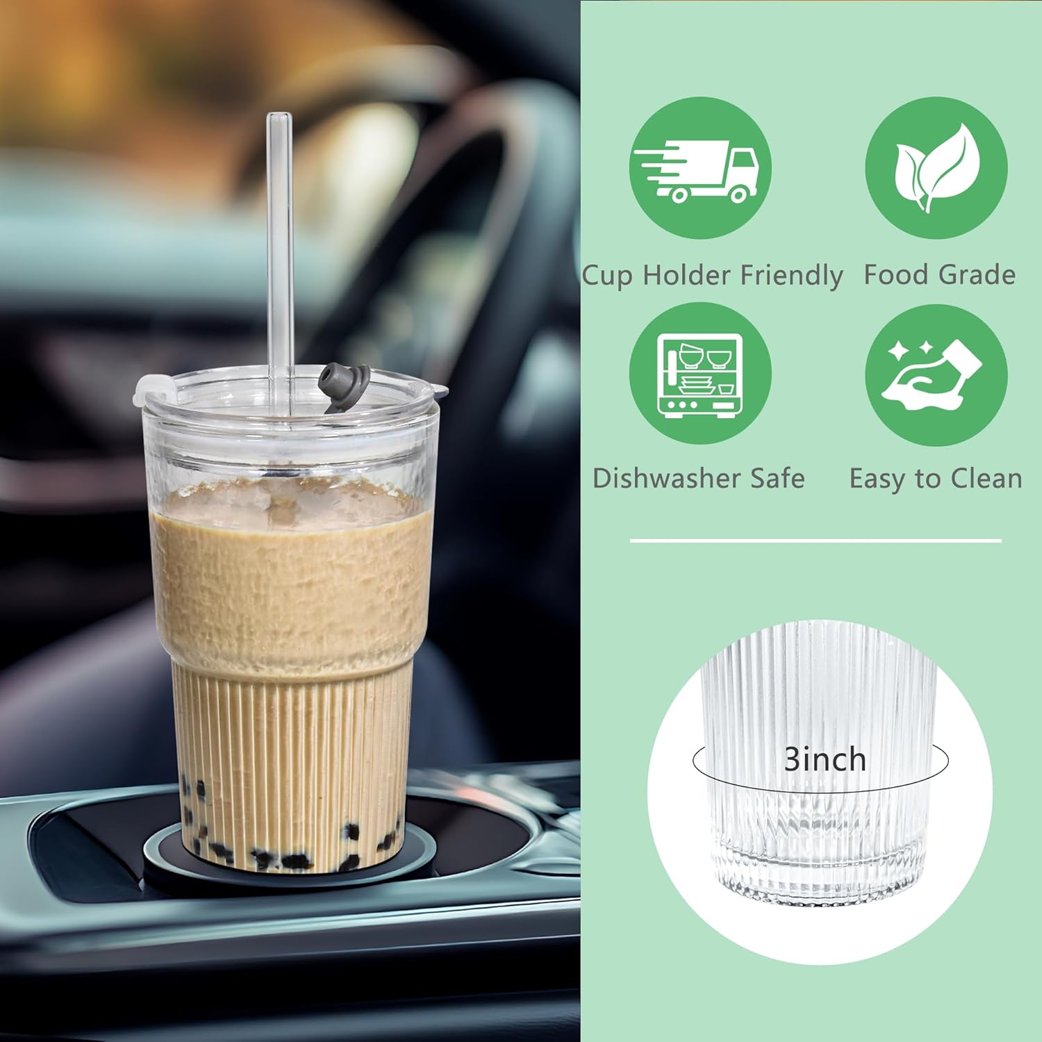 20 oz 4 Pcs Ribbed Glass Set with Straw and Lid Iced Coffee Drinking Tumbler Vintage Glass Cup for Tea Juice Soda Smoothie(Ribbed B*4 with Lid) - Image 5