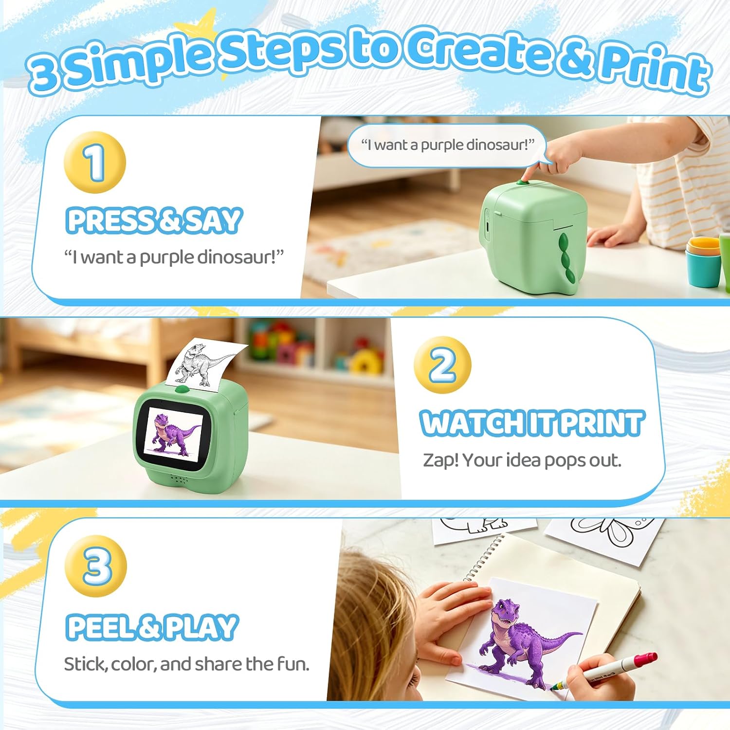 AI Voice Sticker Maker for Kids, Mini Thermal Printer, Green Dino