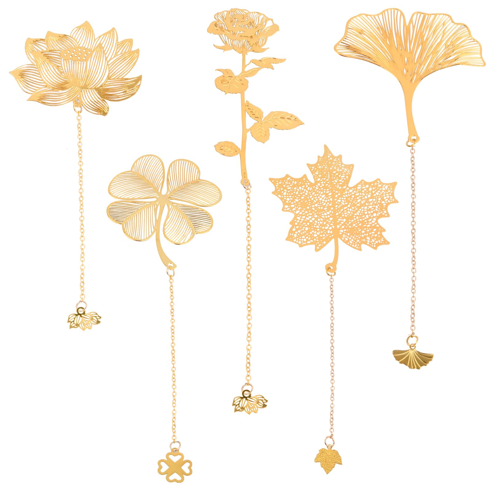Cozlly 5 Piezas Marcapaginas de Metal con Cadena, Marcador Hueco, Metal Marcadores de Hojas y Flores Marcador Colgante, Estilo Chino Marcapáginas, para Profesores, Estudiantes, Lectores y Amigos
