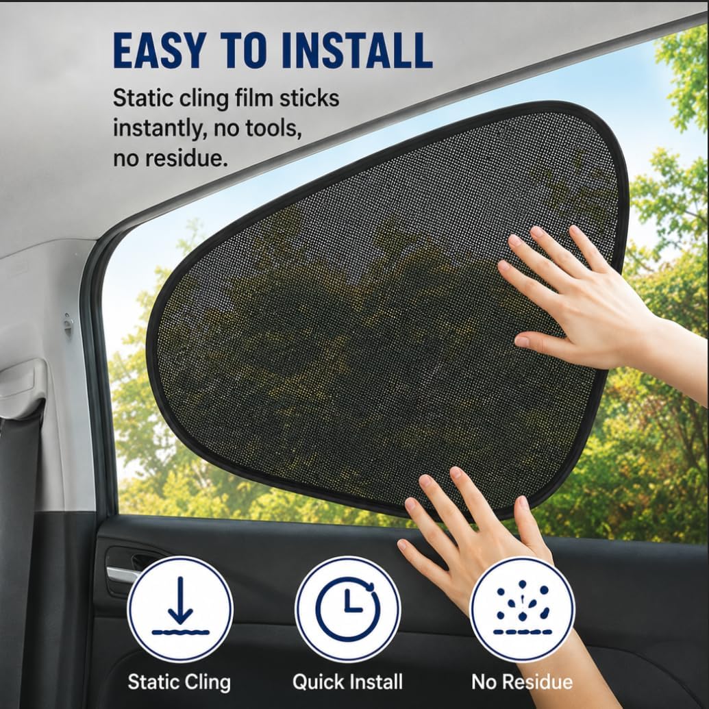 2 Pack Car Window Shades, Static Cling Side Window Sun Shade for Cars | UV Protection Mesh Curtain Blocks Sun Glare & Heat | Foldable Auto Sunshade for SUVs, Sedans, Trucks & Vans