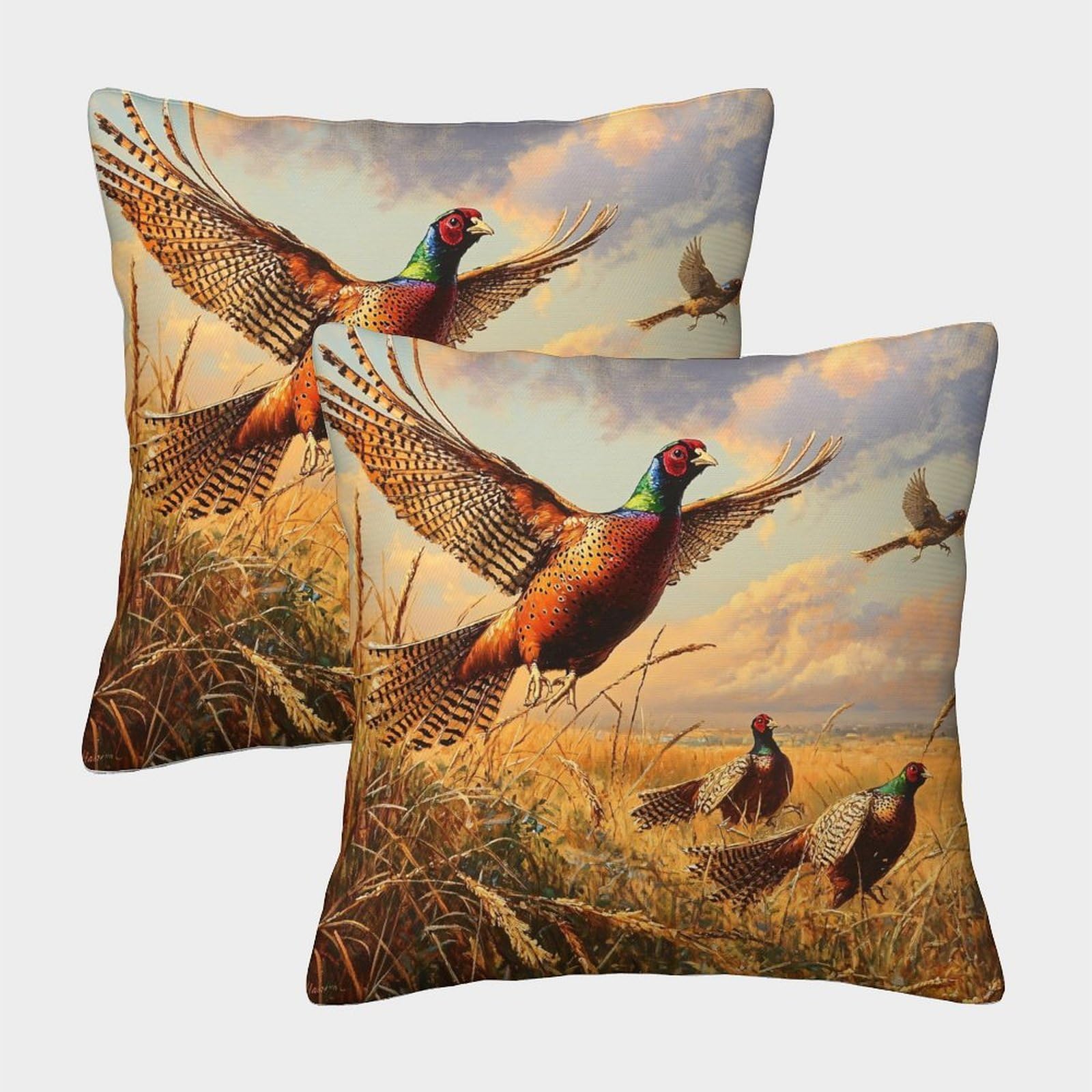 Felasbuid Style-3 Pheasant In Flight—Wildlife Painting Style Pillow Covers 2 Pack Cozy Pillowcase Art Cushion Cover With Zipper Decor Couch Living Room 40X40cm