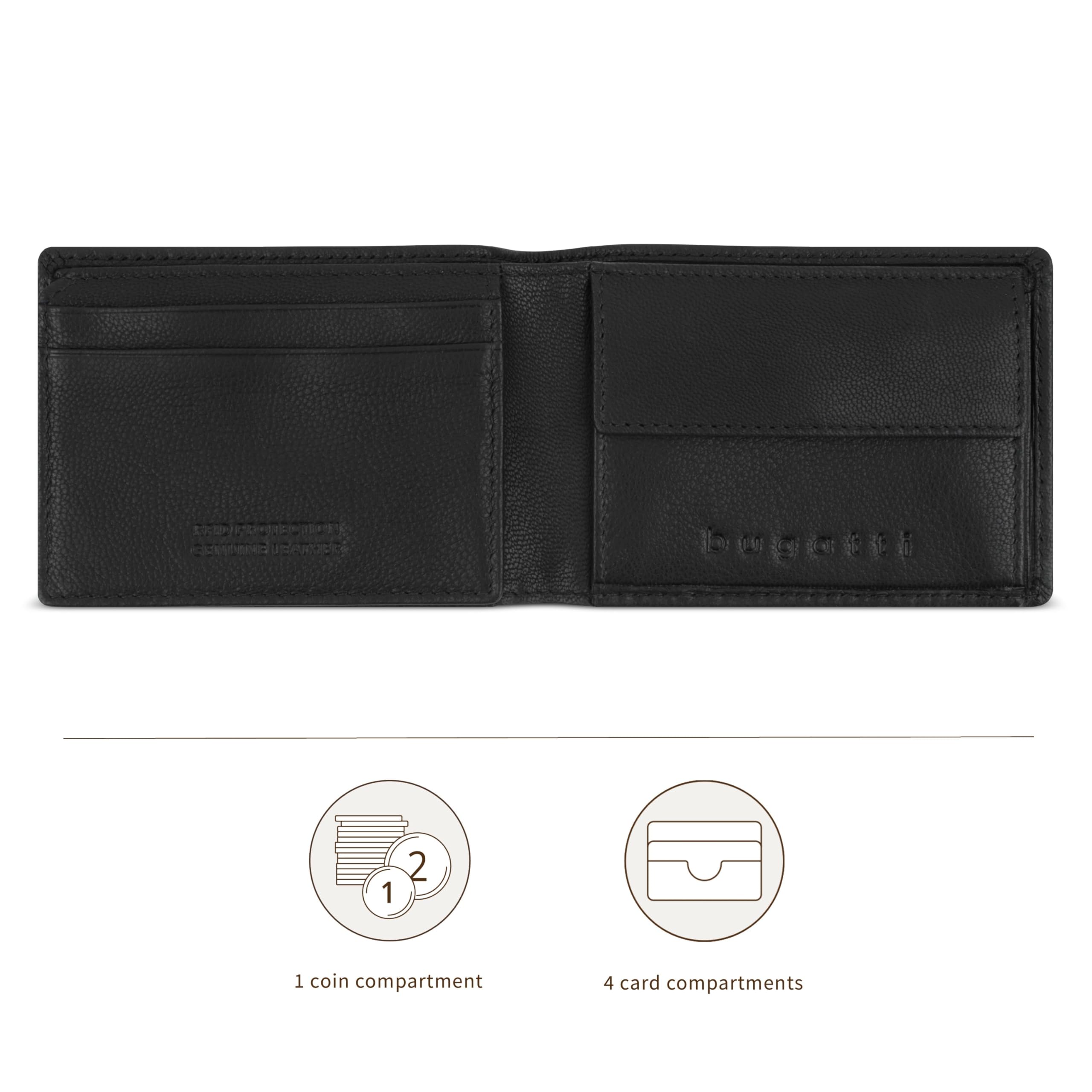 bugatti Black Magic Mini portfel wykonany w całości ze skóry, mały portfel z ochroną RFID, czarny