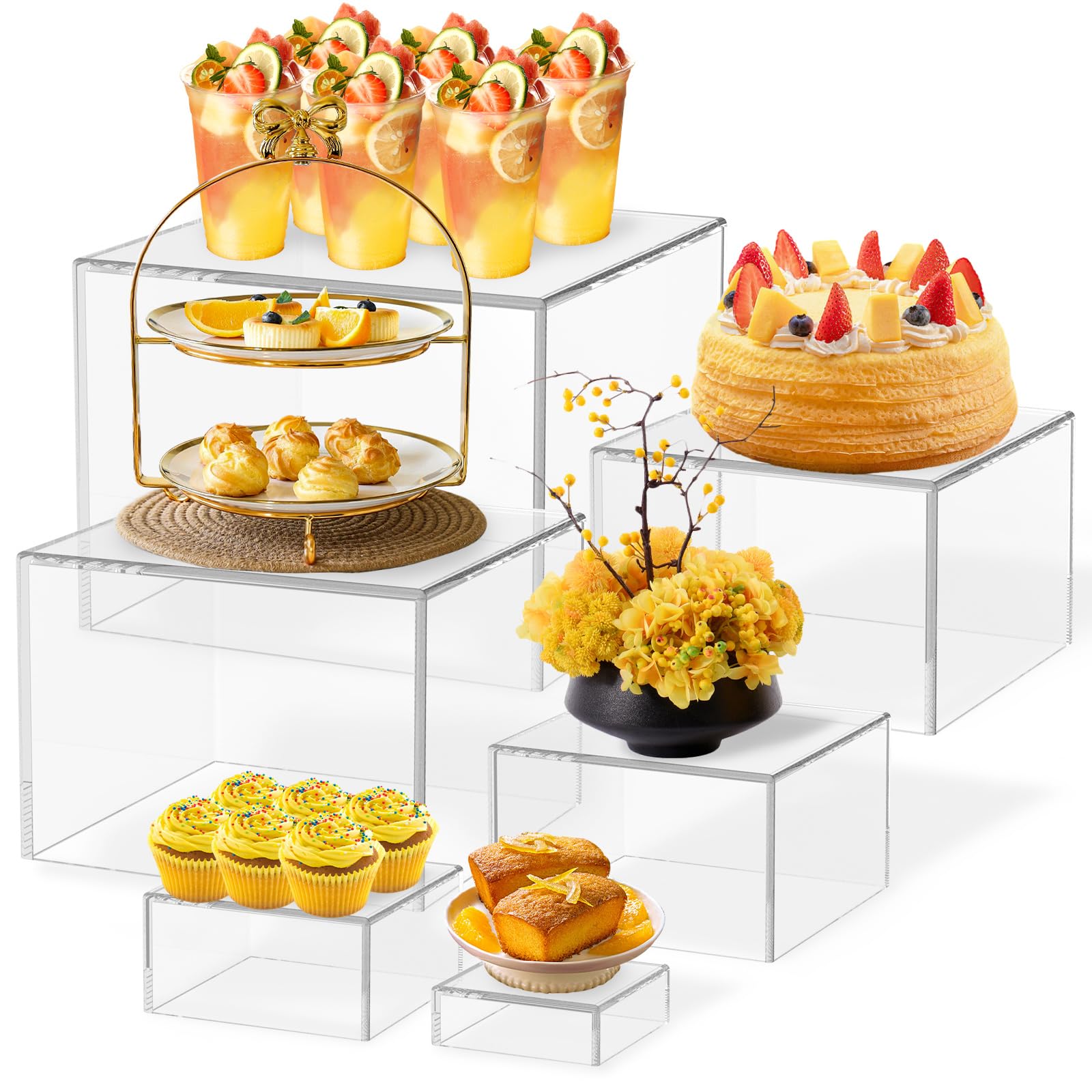 6Pcs Buffet Risers, Acrylic Boxes for Display as Buffet Risers and Stands,Square Cube Display Base with Hollow Bottoms for Party Table(Clear)