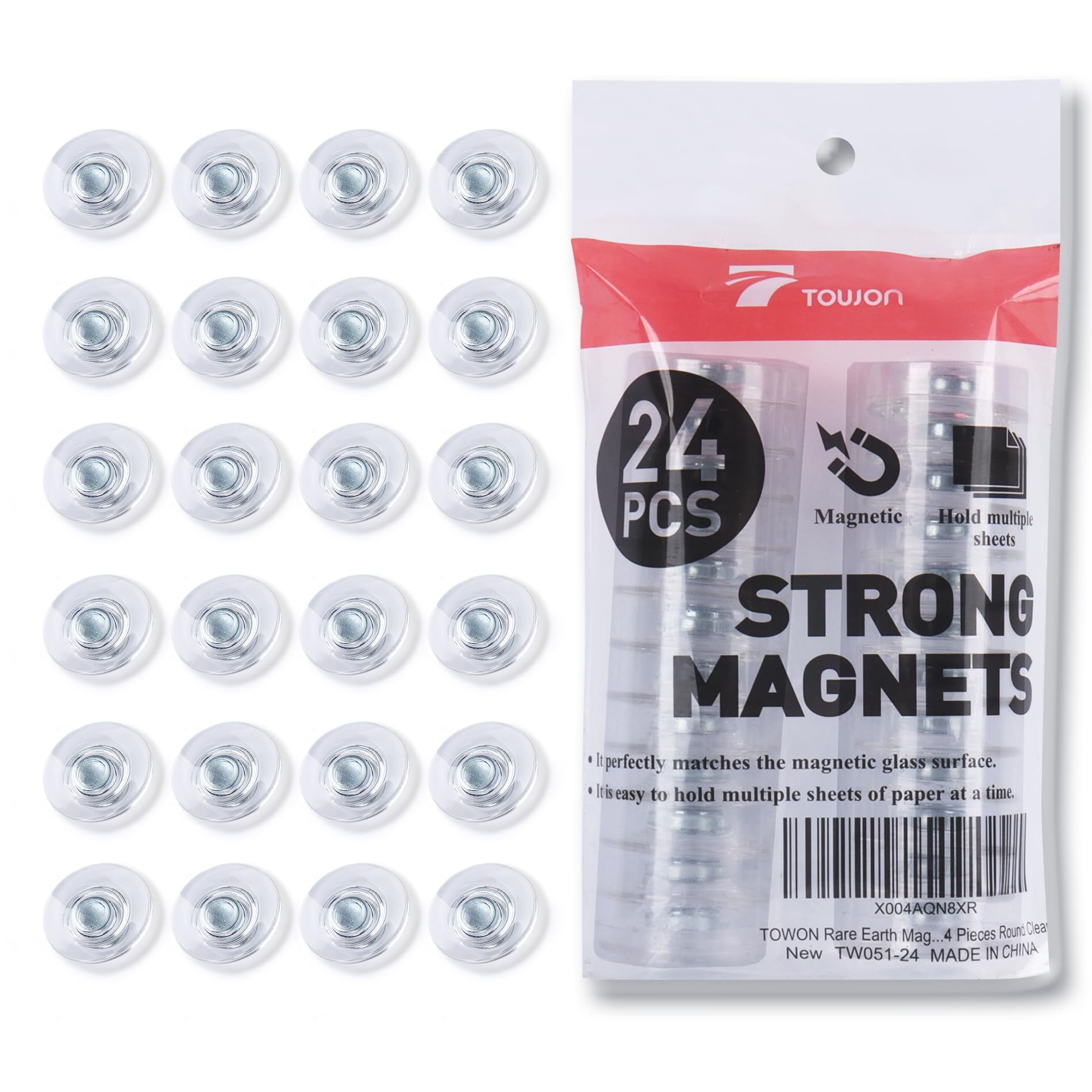 TOWON Rare Earth Magnets Large, Strong Magnets for Glass Whiteboard and Dry Erase Board, 24 Pieces Round Clear