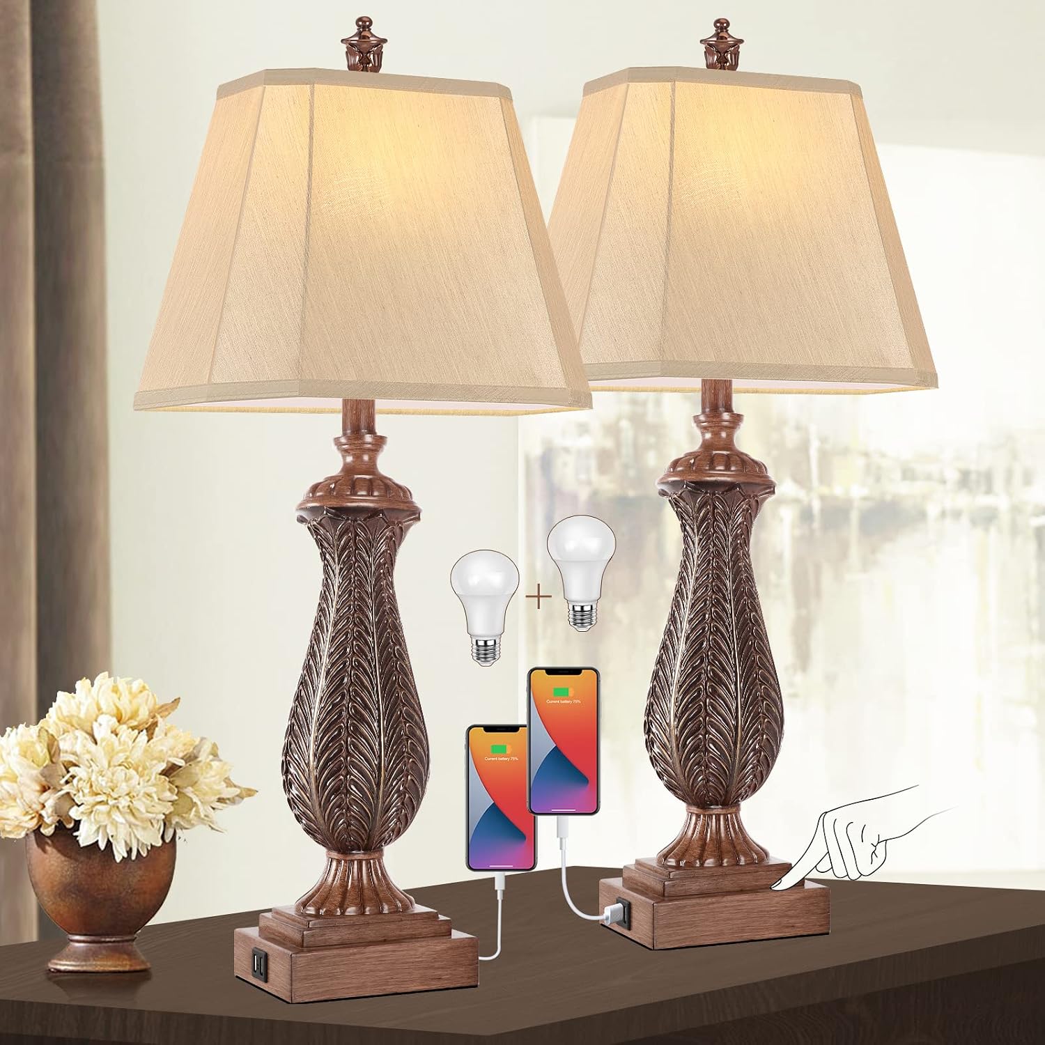 Touch Table Lamp Set of 2, 30"H 3 Way Dimmable Bedside Lamp with USB Ports and AC Outlet, Resin Nightstand Farmhouse Lamp with A19 LED Bulb, Mermaid Desk Bed Lamps for Living Room, Bedroom, Office