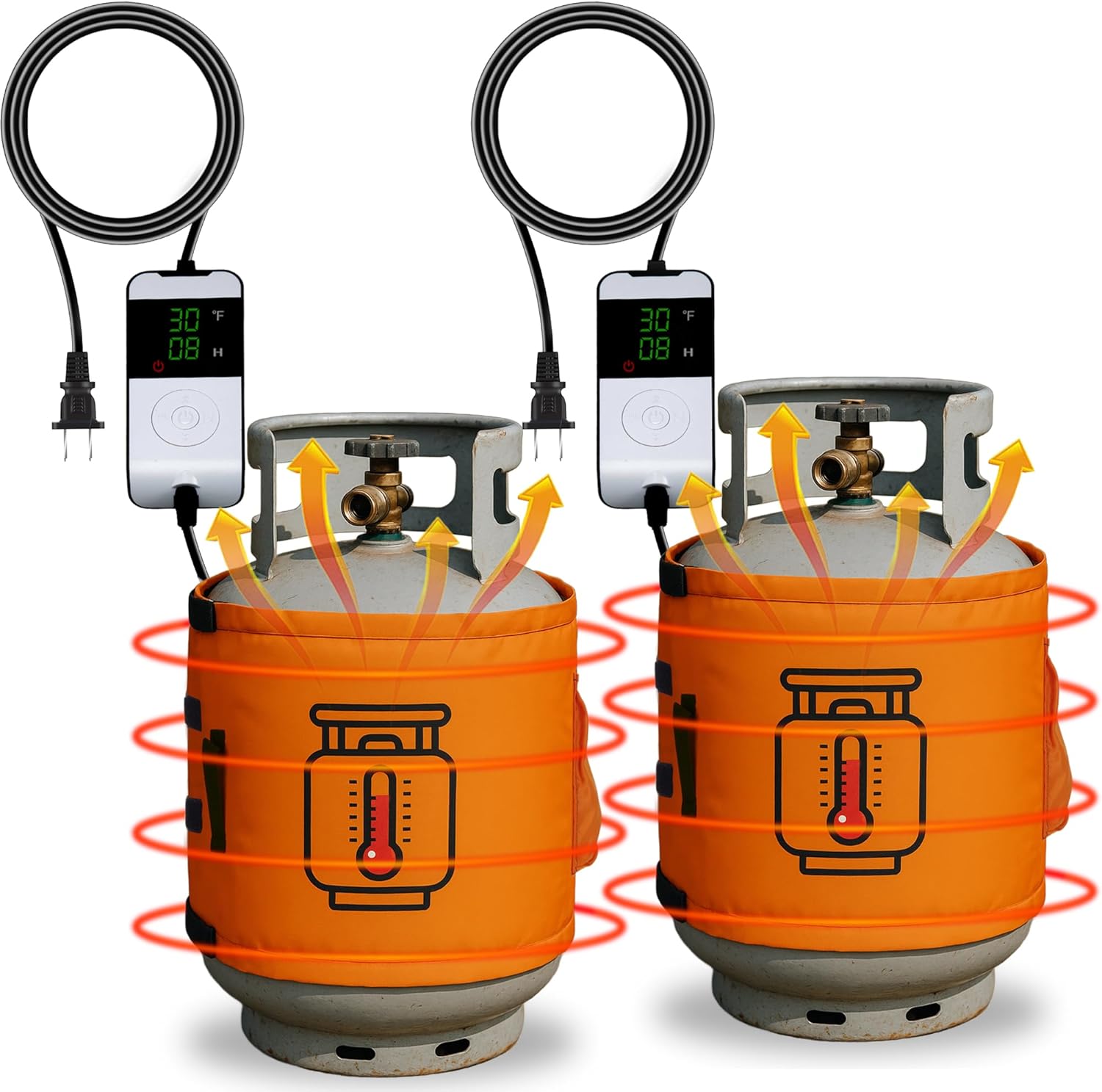 Propane Tank Heater Blanket with Thermostat & Timer, Adjustable 41-122°F Propane Tank Warmer Blanket for 5-40LB Gas LP Cylinders, Propane Tank Heating Blanket for Outdoor Camping (2pcs Orange)