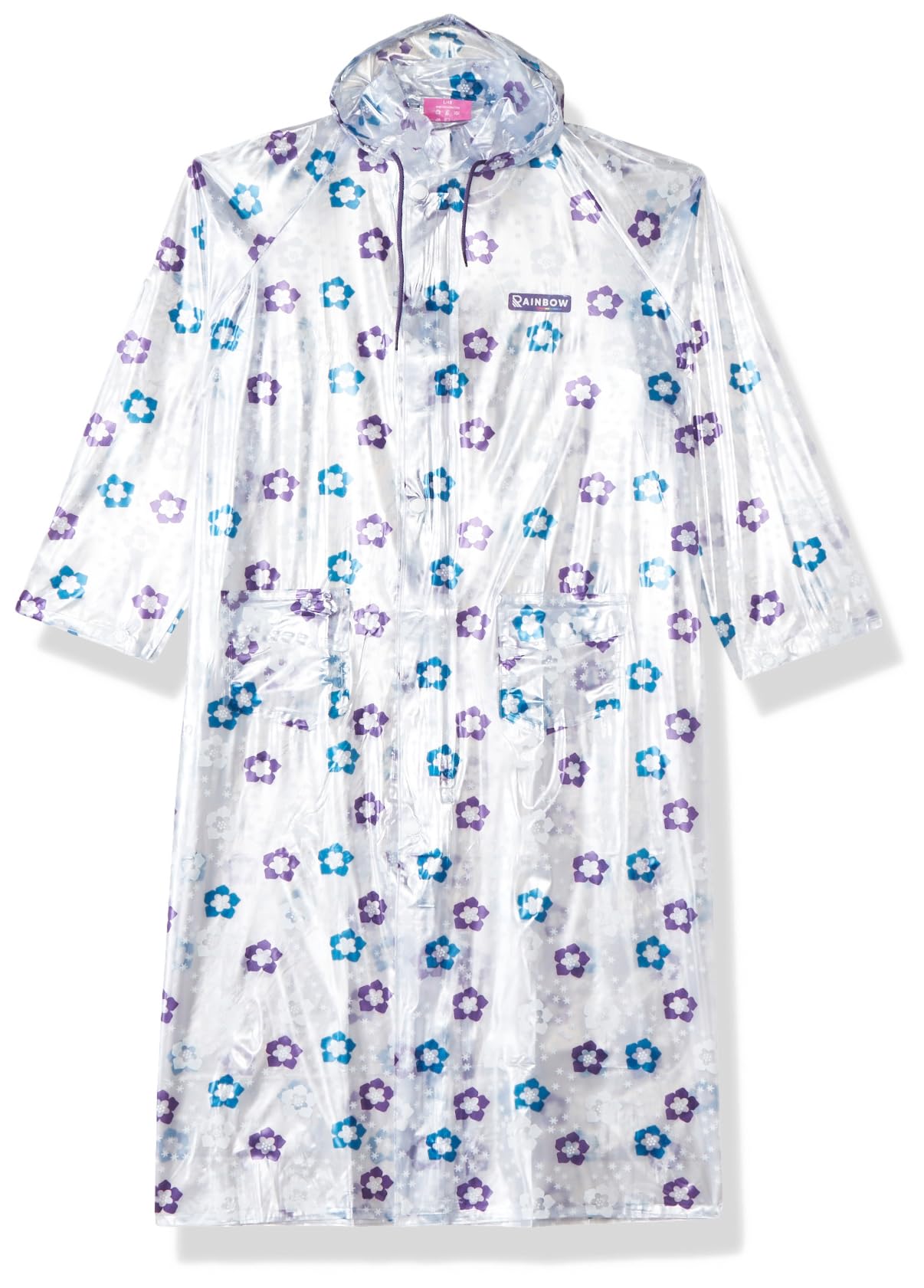 Rainbow Saffron Print Water Proof Women's Raincoats |Hooded Full Sleeves Outdoor Durable PVC Rainwear for Camping, Hiking, Travelling | Adjustable Drawstring | Purple & Blue, Size - L-image-7