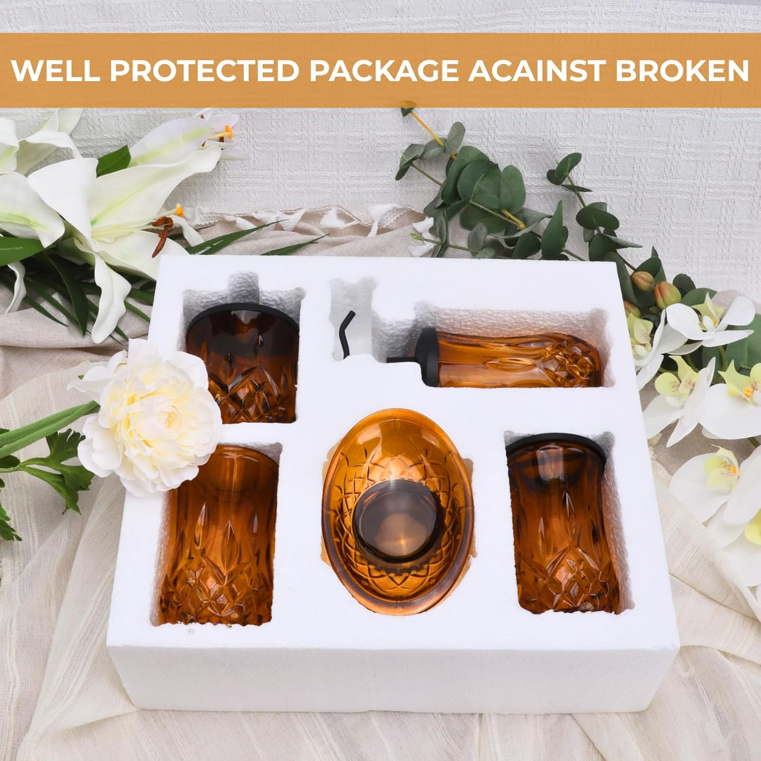 Bathroom Accessories Set,5 Pcs Amber Glass Bathroom Accessory Set, Complete Lotion Soap Dispenser, Toothbrush Holder, Soap Dish, Tumbler & Jar, Modern Bathroom Decor Sets Gift,Round