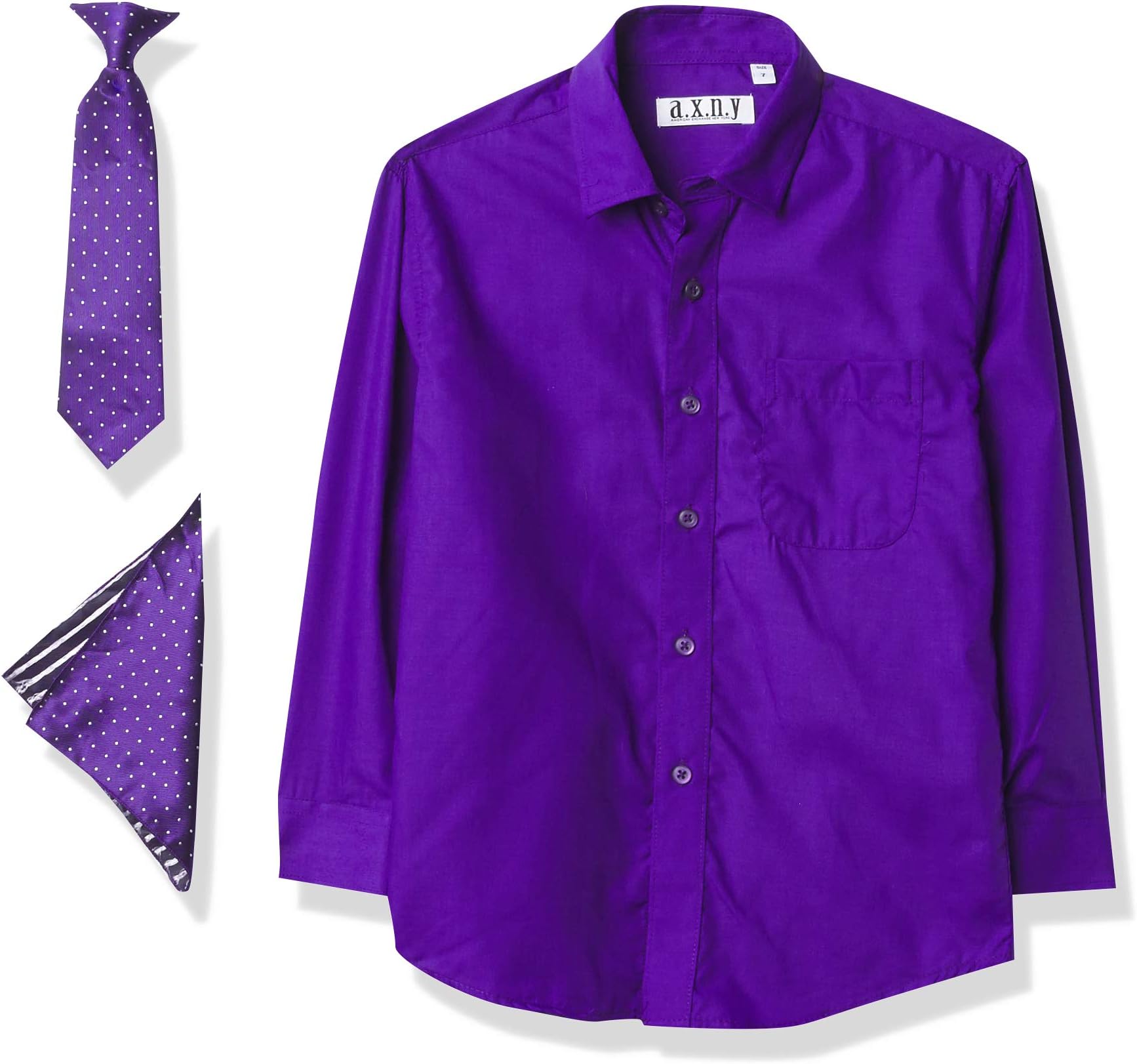 a.x.n.y Boys' Long Sleeve Button Down Shirt with Tie and Pocket Square Combo Set, Purple, 1