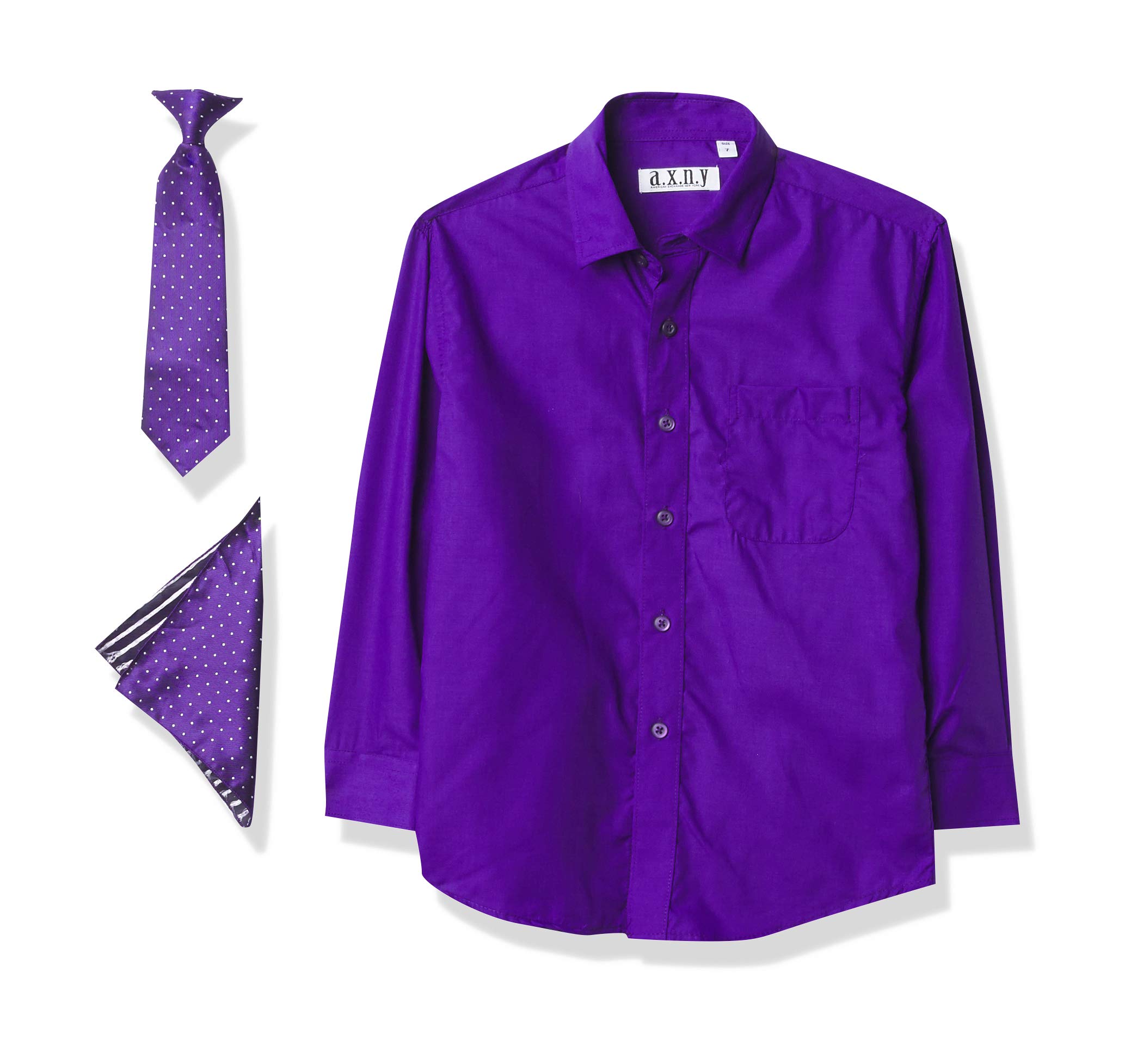 a.x.n.y Boys' Long Sleeve Button Down Shirt with Tie and Pocket Square Combo Set, Purple, 1
