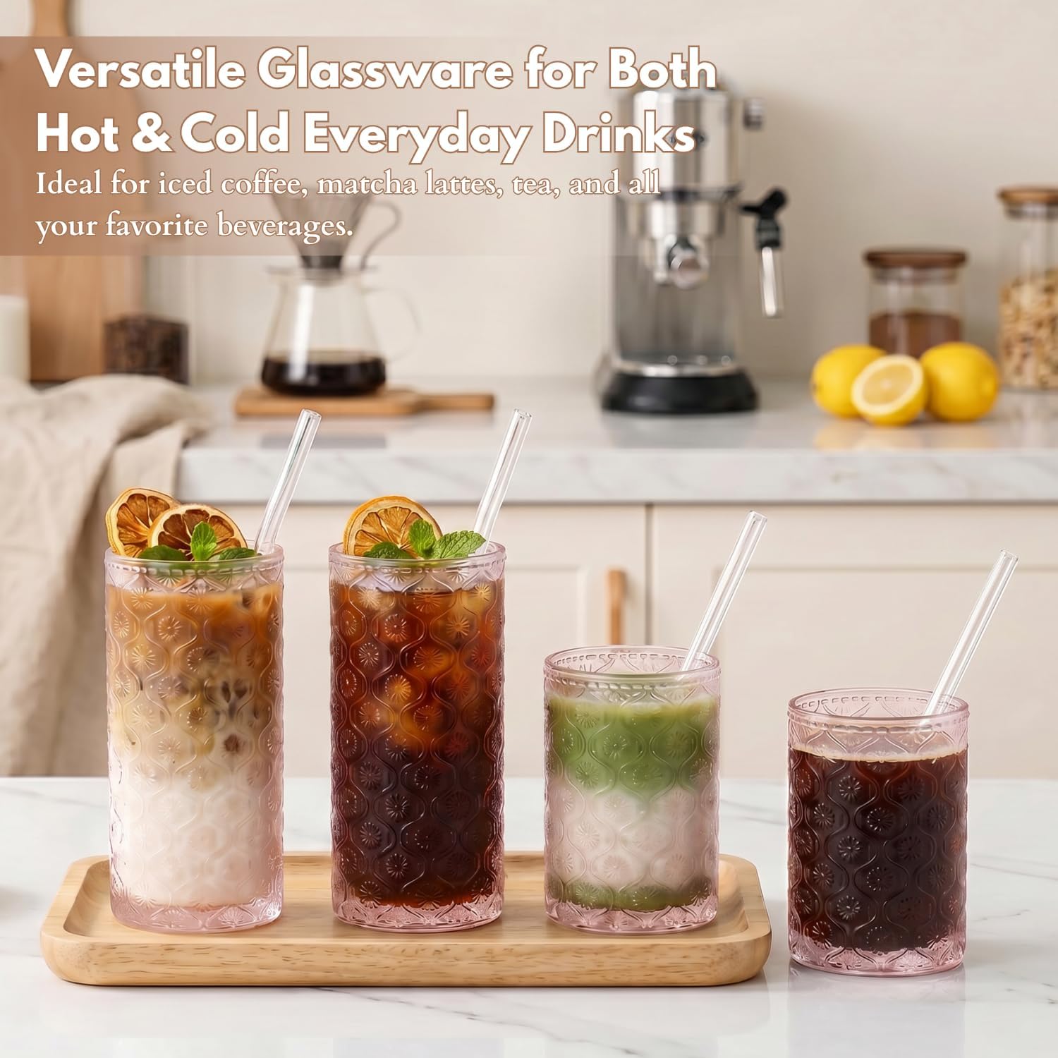 Pink Drinking Glasses Set of 8, 12 Oz Highball & 10 Oz Cocktail Glasses with Straws, Thick Glass Iced Coffee Cups, Floral Embossed Kitchen Vintage Glassware Set for Water, Beer, Juice, Whiskey