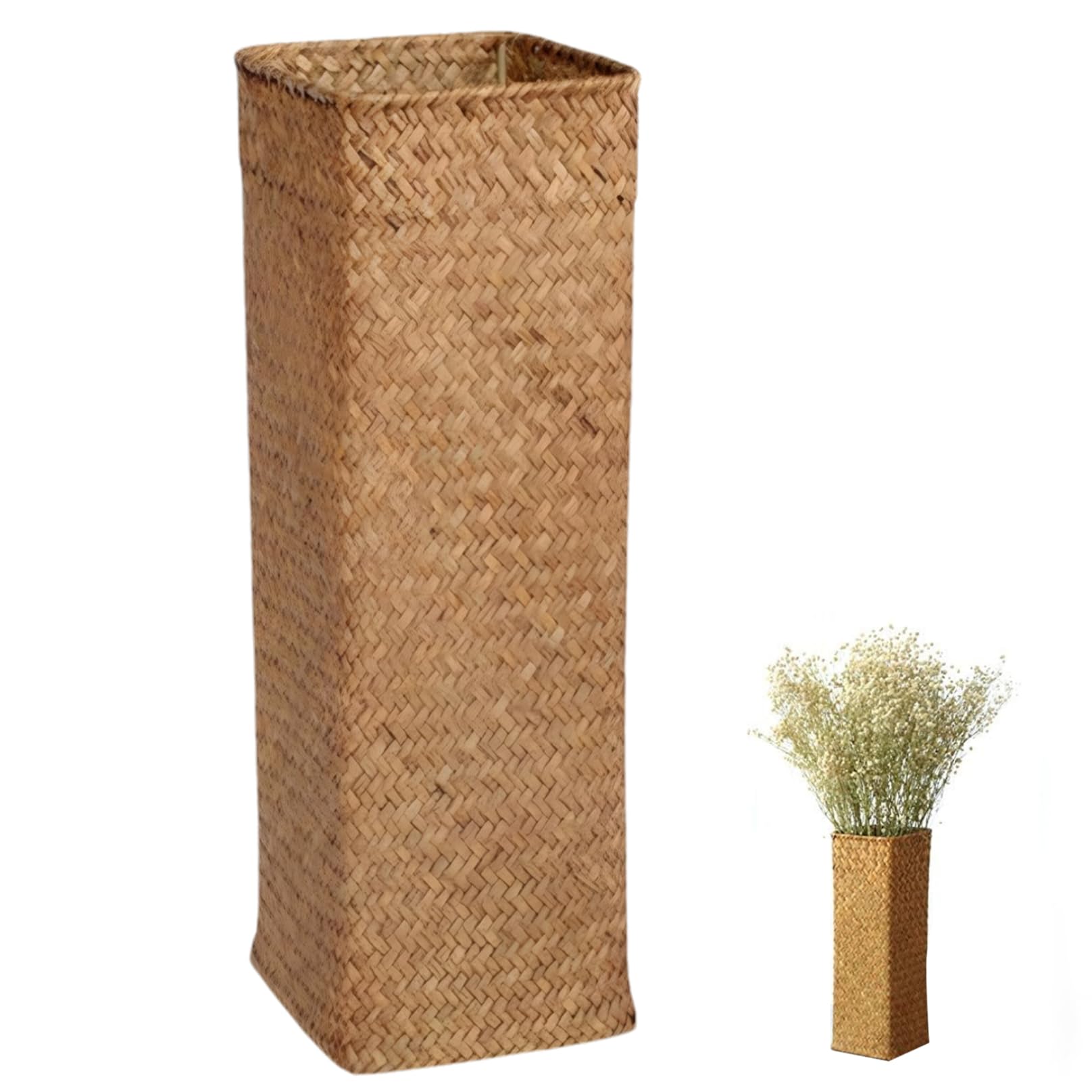 Uanqfegy Wicker Vase - Rustic Natural Woven Rattan Vase, Farmhouse Tall Boho for Dried Flowers Table Centerpiece Wedding Office 4x4x12 Inch