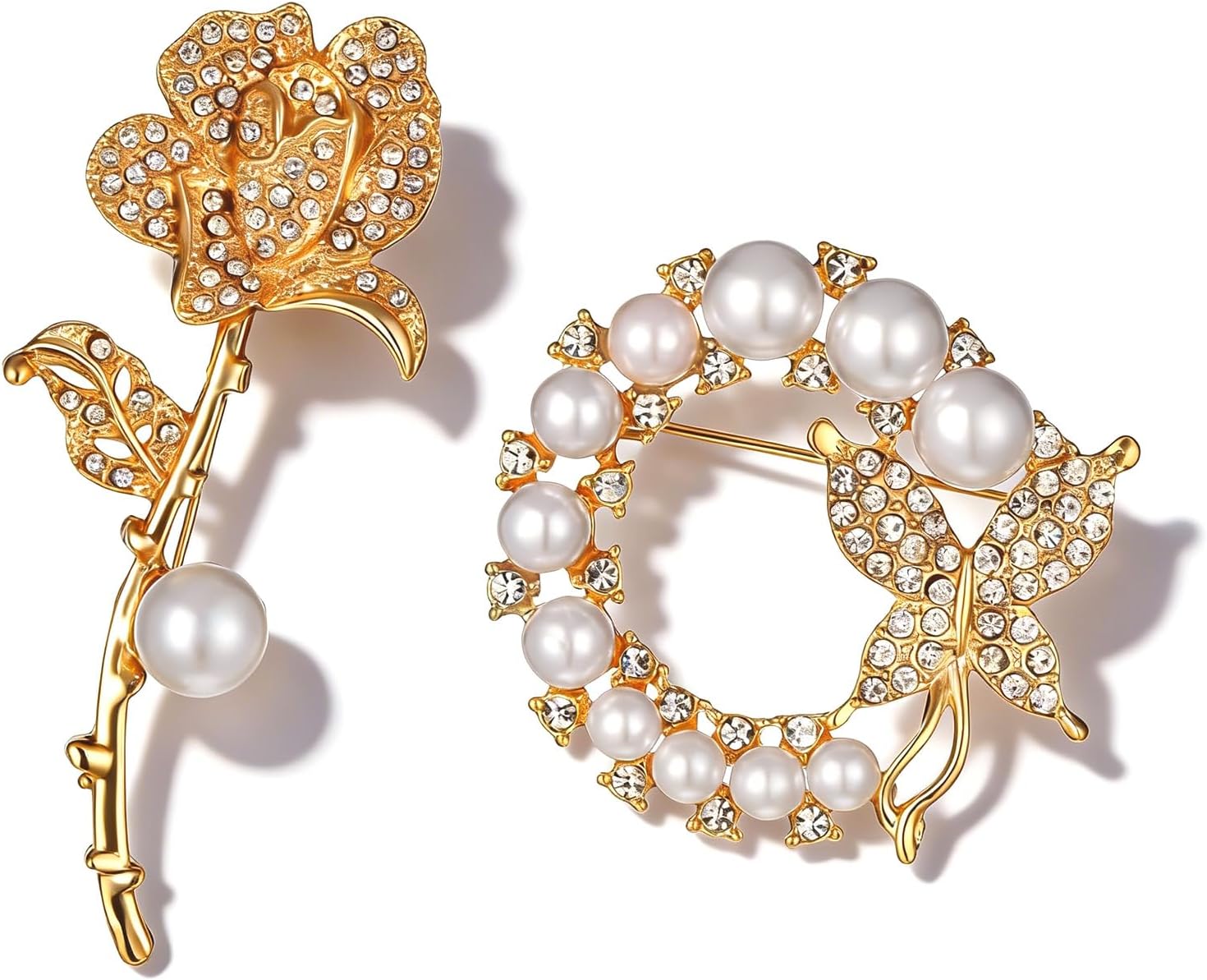 2Pcs Gold Rose Brooch and Pearl Butterfly Brooch for Women - Elegant Flower Broochs Pins for Women,Gift for Any Occasion