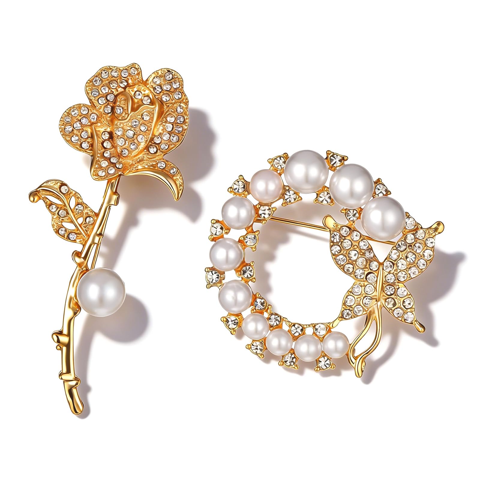 2Pcs Gold Rose Brooch and Pearl Butterfly Brooch for Women - Elegant Flower Broochs Pins for Women,Gift for Any Occasion
