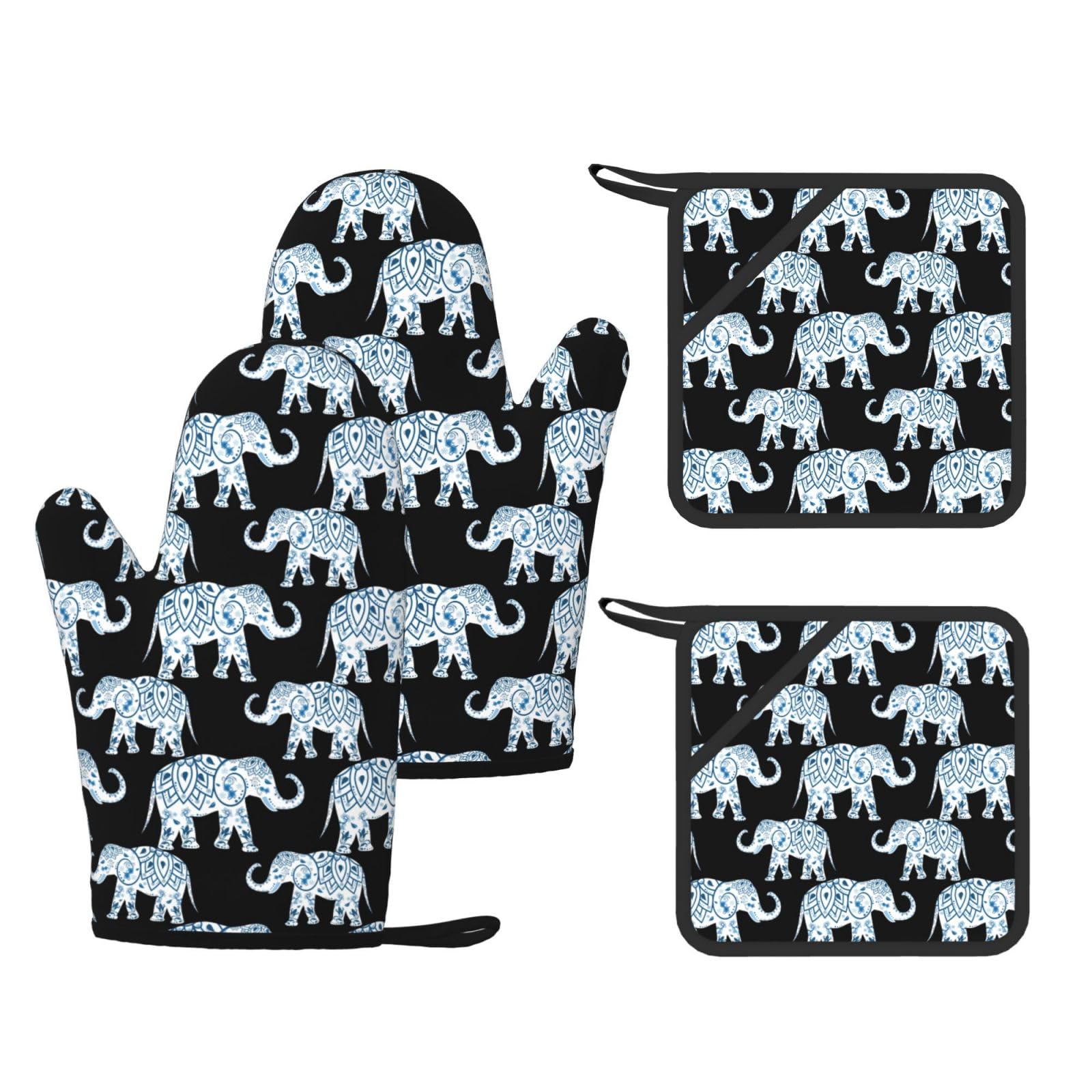 Elephant Printed Oven Mitts with Pocket and Hot Pads, Silicone Non-Slip Kitchen Gloves for Baking BBQ