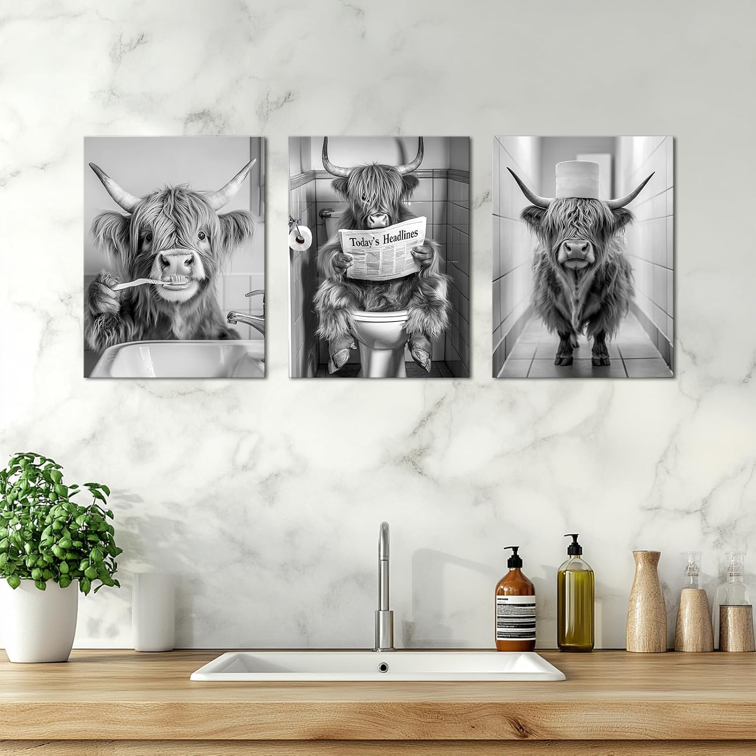 VANSEEING 3 Pieces Bathroom Wall Art Highland Cow Pictures Funny Wall Decor Black and White Canvas Prints Cattle Reading on Toilet Brush Teeth Bathroom Decor for Restroom 12"x16"x3