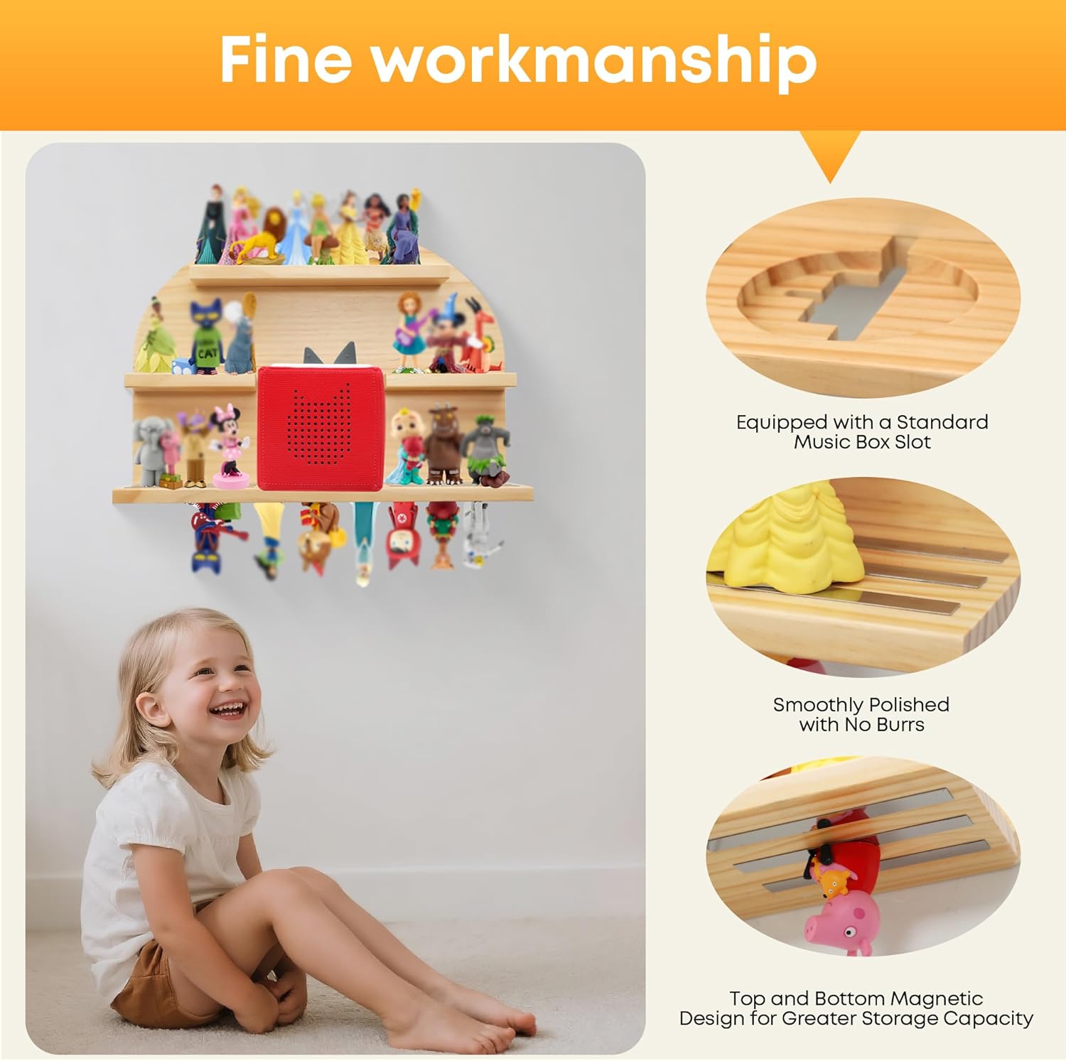 For Tonies Figures Shelf Magnetic,for Tonie box Wall Shelves,for Tonies Characters Organizer,Audio Toy Storage (Holds 45 Figurine),Compatible Charging Station for Kid's Room,Pine Wood,Arch,Large