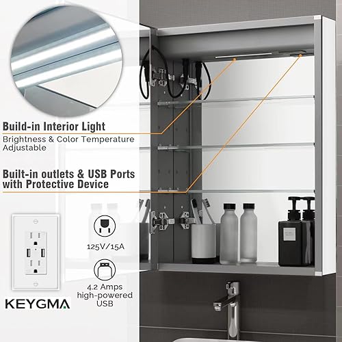 Miniatura 5 de LADEED Gabinete de medicina LED de 2023 con espejo, 20 x 26 pulgadas, luces de espejo de medicina iluminadas, puertos USB, salidas eléctricas,