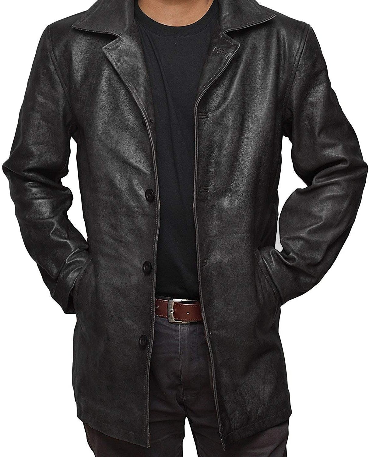 Men’s Black Military Type Lambskin Leather Trench Coat - Classic Button Closure Long Coat Style
