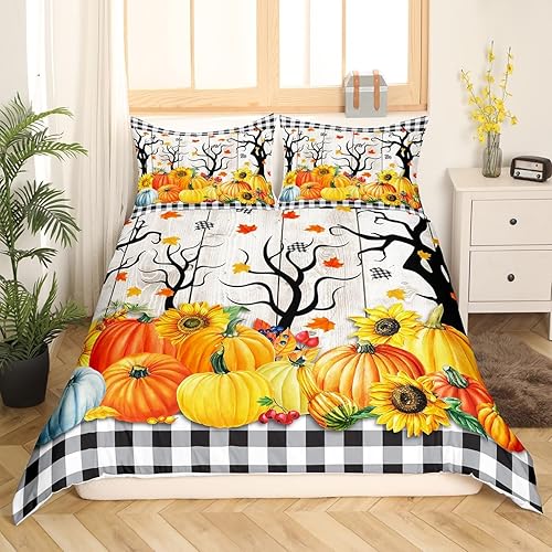 Miniatura 2 de Juego de funda de edredón para niños de cosecha de calabaza de otoño, tamaño King, girasoles y hojas de arce, decoración de habitacióncabaña, funda