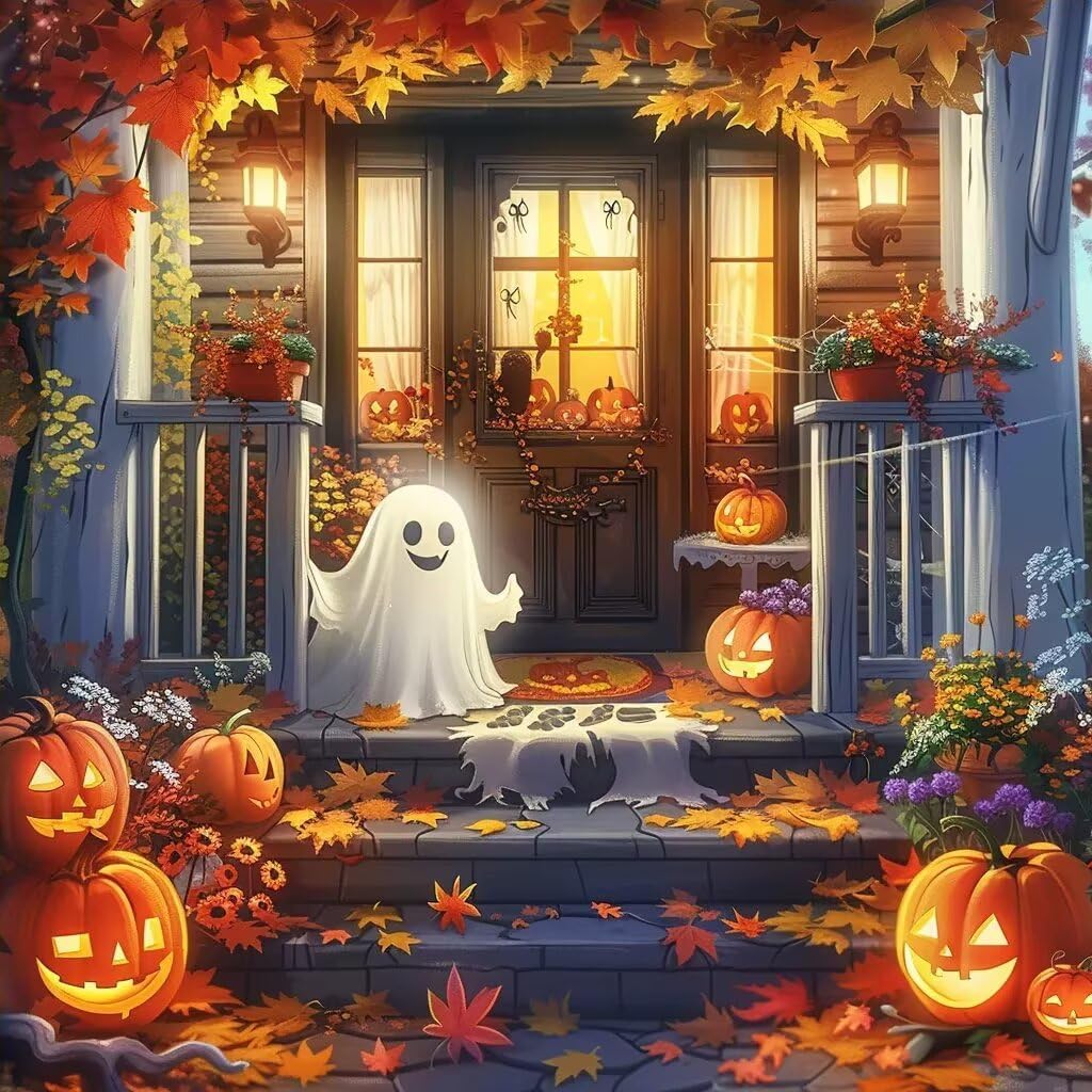 UOAIUDT Diamond Art Painting Kits for Adults,Autumn Pumpkin Ghost Leaf 5D Diamond Painting Dots Art Kits,DIY Halloween Full Round Gem Crystal Art Paint by Diamond, Home Wall Decor 20x20 Inch