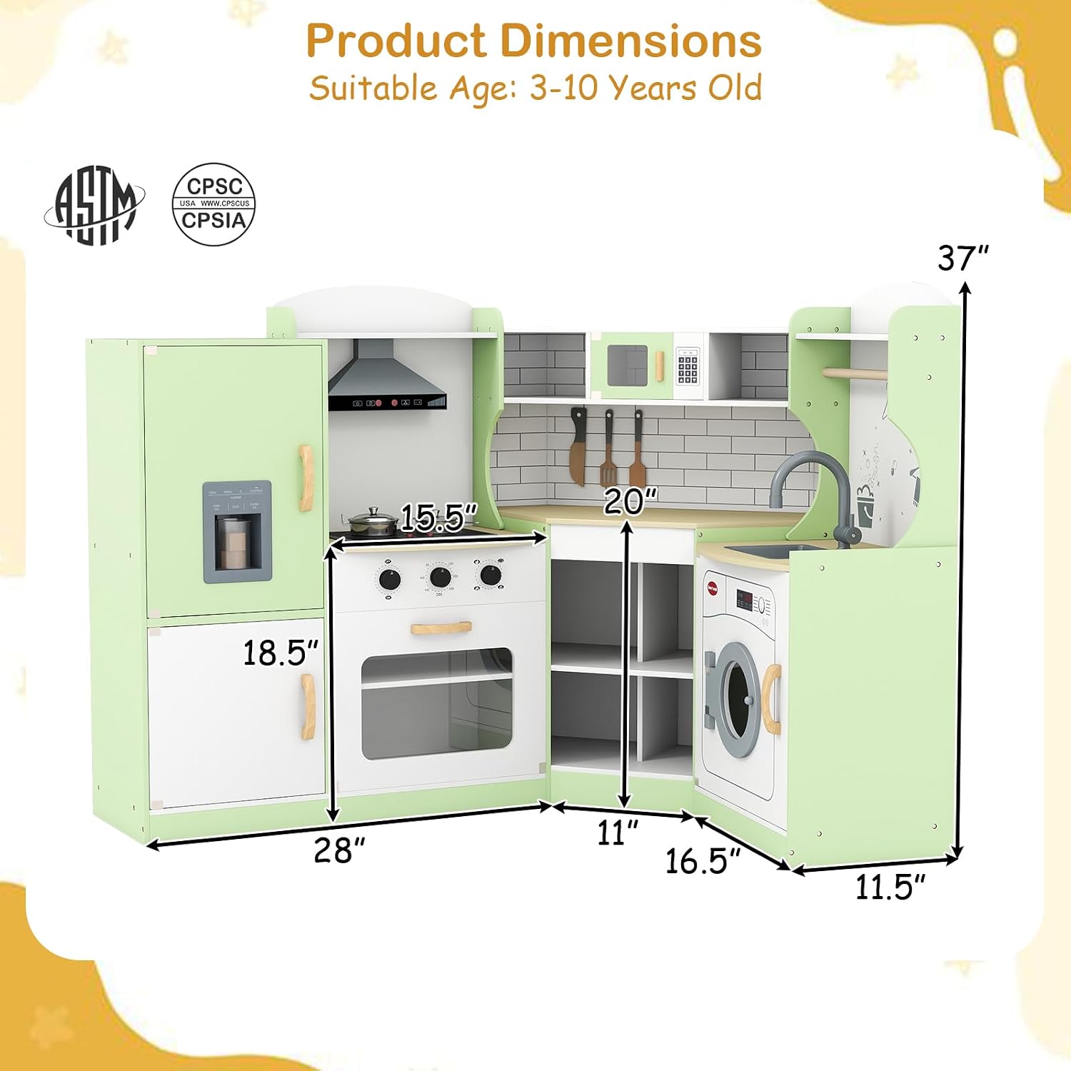 KOTEK Corner Play Kitchen, Wooden Kids Toy Kitchen w/Sound & Light, Range Hood, Ice Maker, Washing Machine, Microwave, Oven, Sink, Chef Suit, Interactive Kitchen Playset for Toddlers (Green)