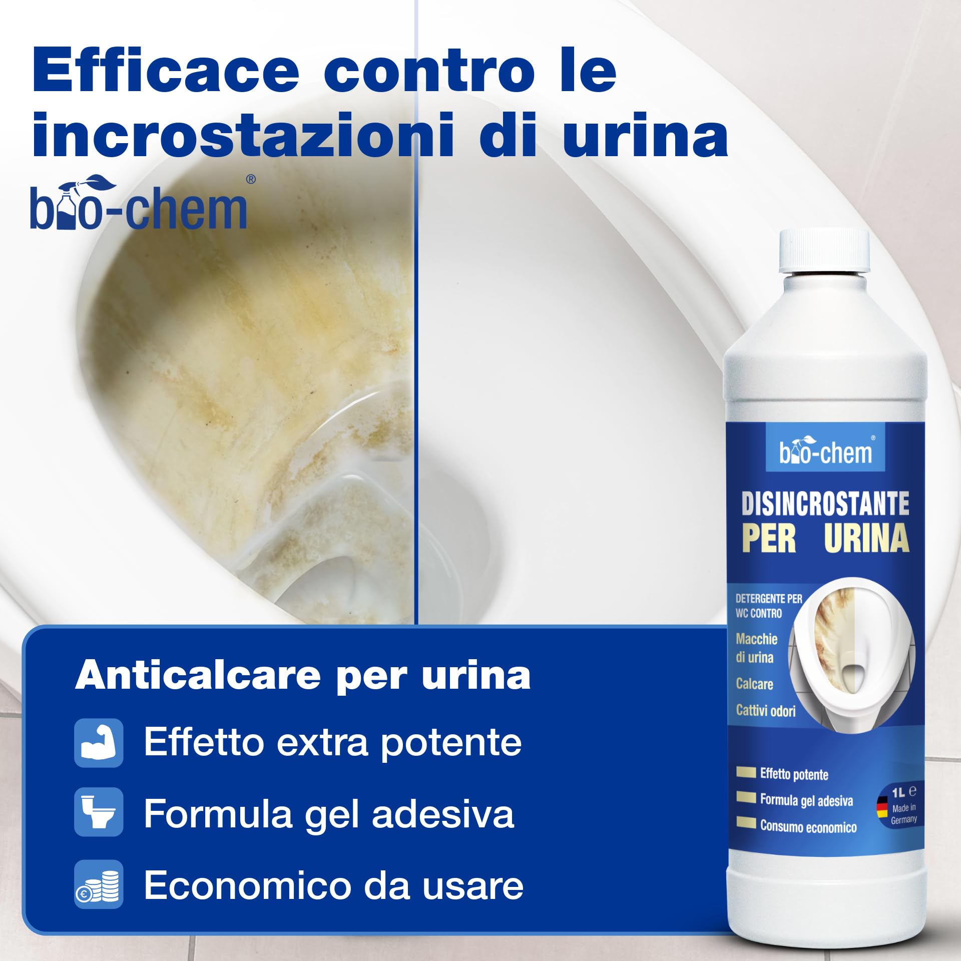 bio-chem Set di 6 detergenti per bagno, doccia e WC | Sbloccatore di scarichi 1L - Rimuovi calcare e urina 1L - Prodotto per superfici del bagno 750ml - Profi Set 6 prodotti