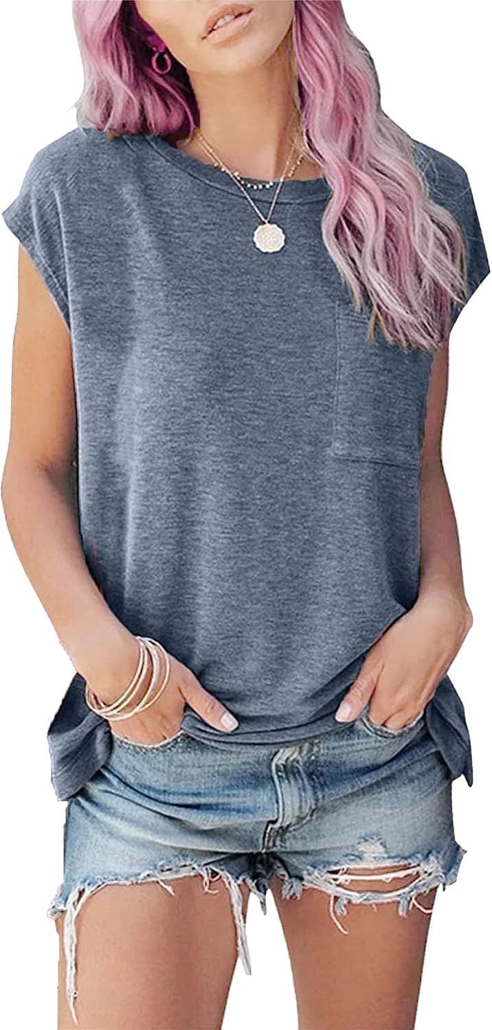 Womens Summer Tops Cap Sleeve T Shirts Casual Crew Neck Pocket Tunic Tops Solid Color Loose Fit Basic Shirt