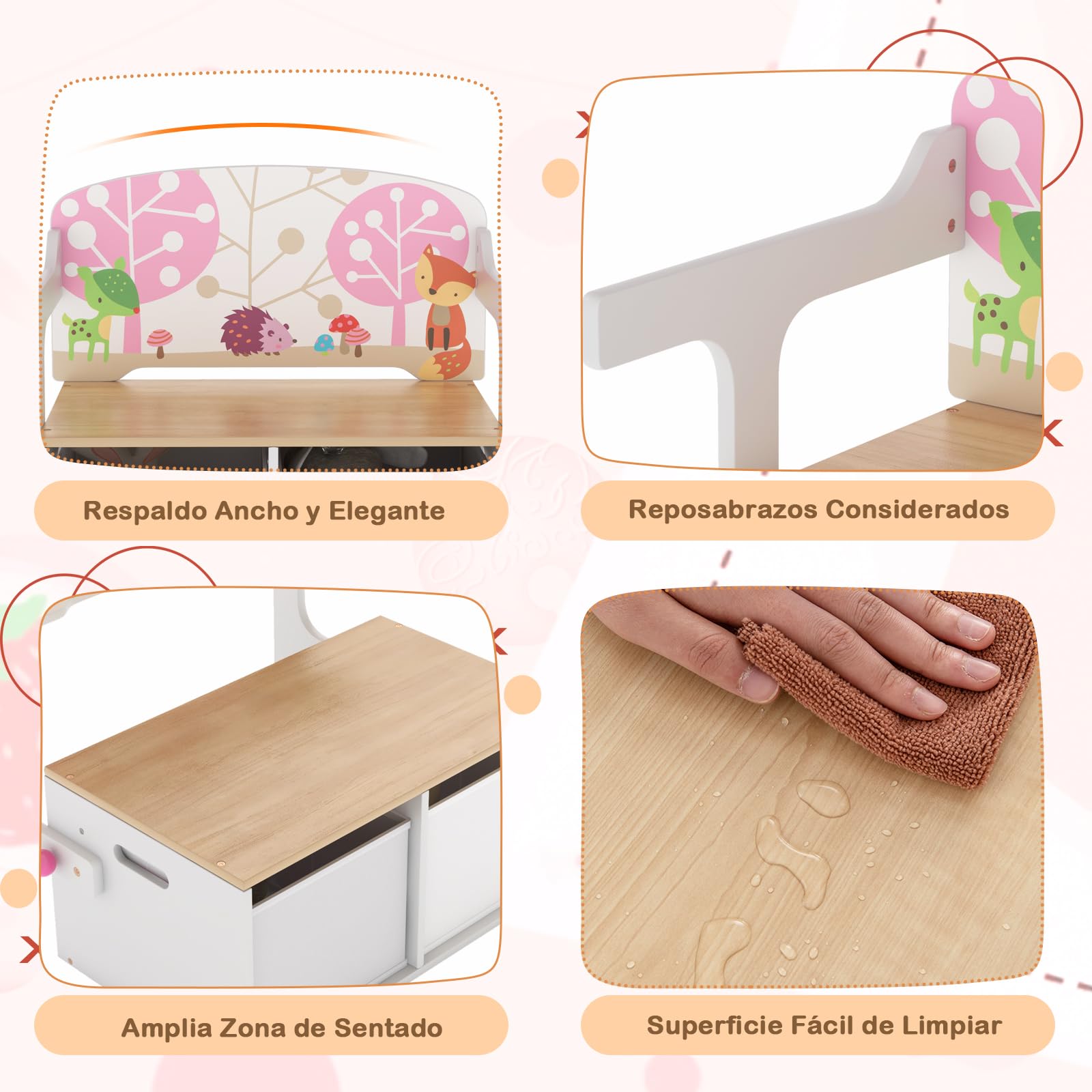 GOPLUS Mesa y Silla Infantil 3 en 1, Banco para Maletero para Juguetes de Madera con Tapa, Respaldo, Caja de Almacenamiento, Mesa de Actividades para Niños de 3 a 7 Años, para Dormitorios Guarderías
