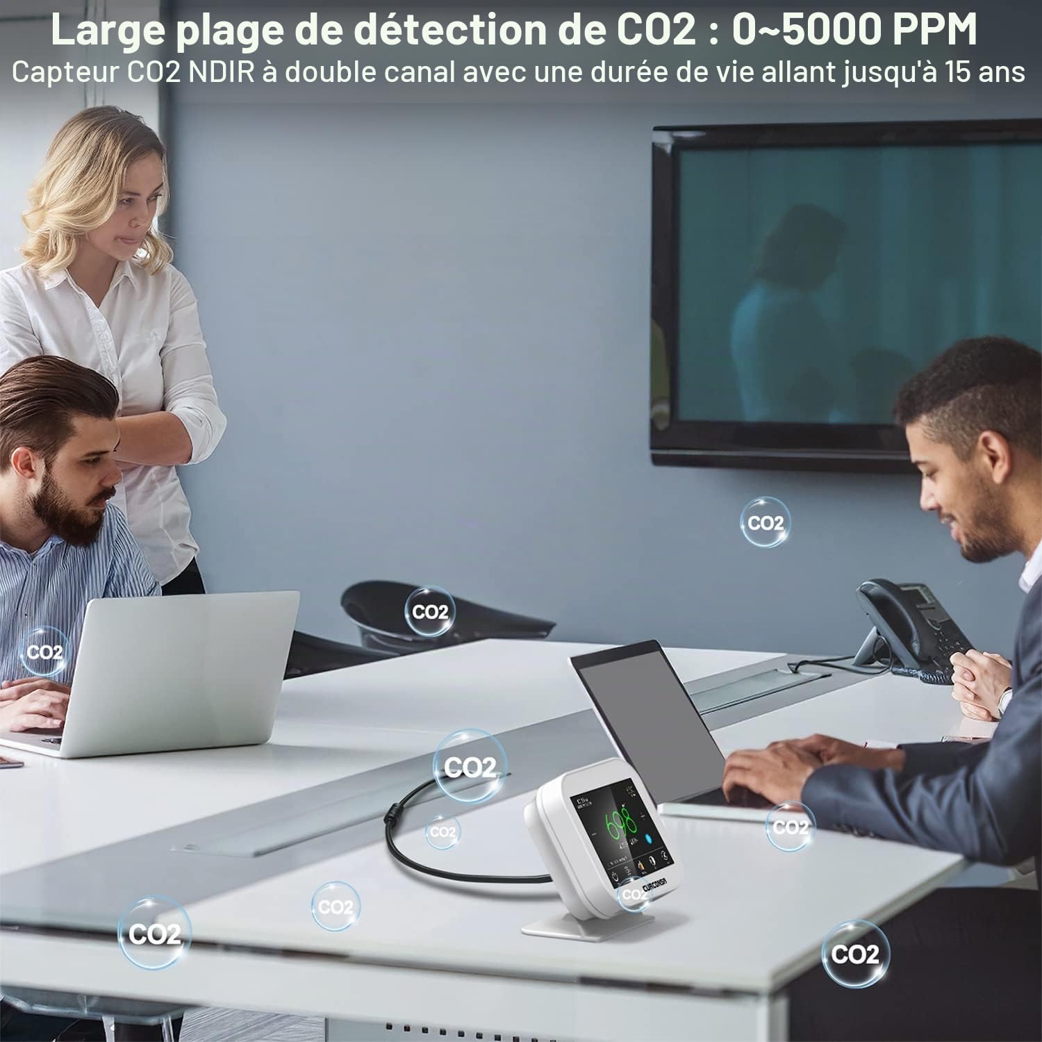 Détecteur de CO2 CURCONSA, Capteur de CO2 NDIR à Double Canal, Stockage et Exportation de Données, Écran Tactile, Mesure CO2 Température et Humidité, Alimentation Externe Obligé via port USB, Blanc